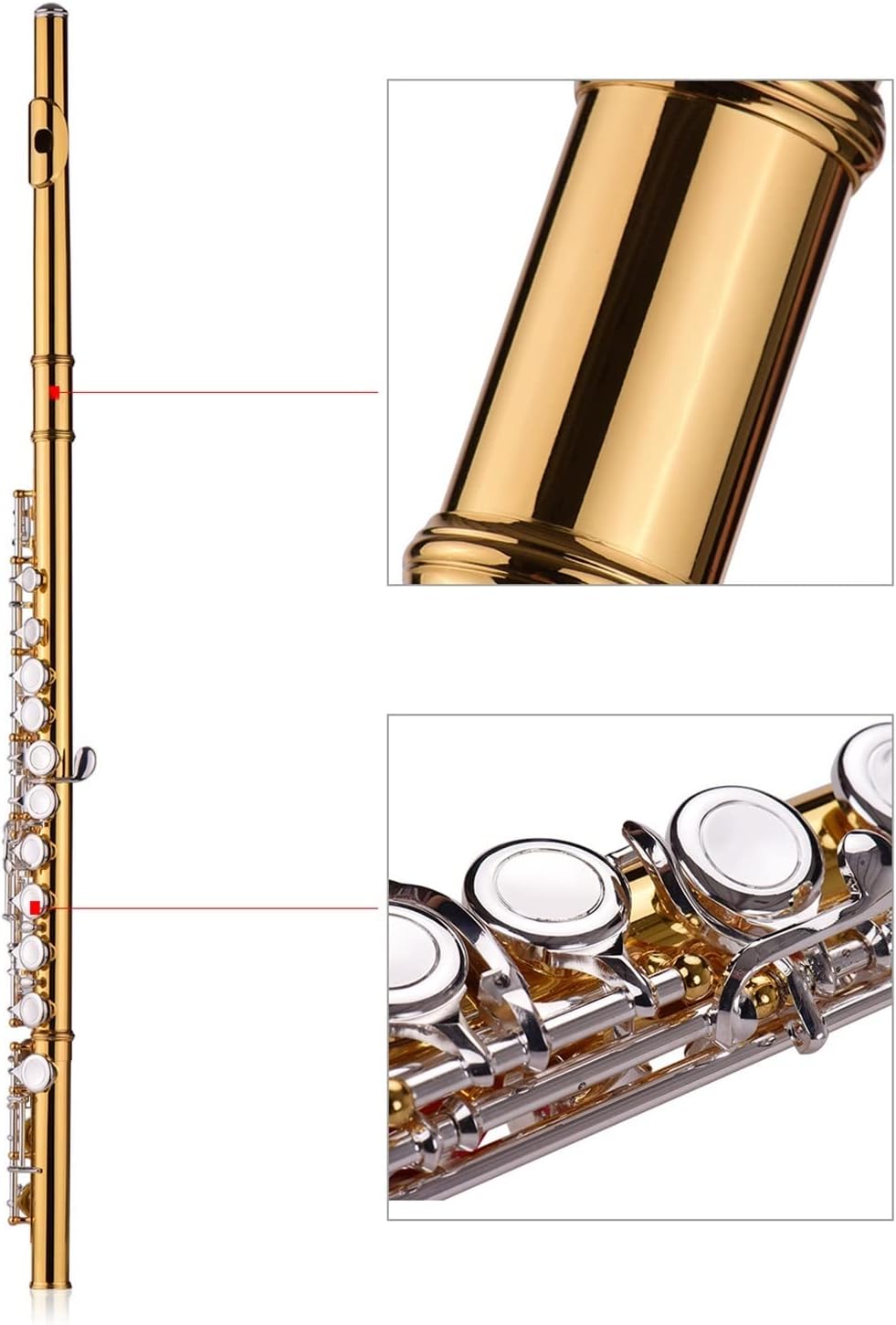 Flute Kit Closed Hole C Flute Professional Cupronickel Gold- Plated Tube 16 Silver- Plated Keys Wind Instrument Intermediate Flute