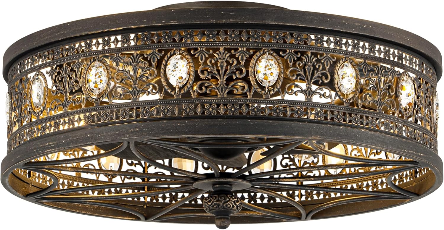 Caged Ceiling Fans with Lights,Vintage Victorian Rustic Crystal Fandelier,Low Profile Flush Mount,Small Enclosed Bladeless Ceiling Fan with Light for Bedroom,Kitchen,Living Room,Dining Room