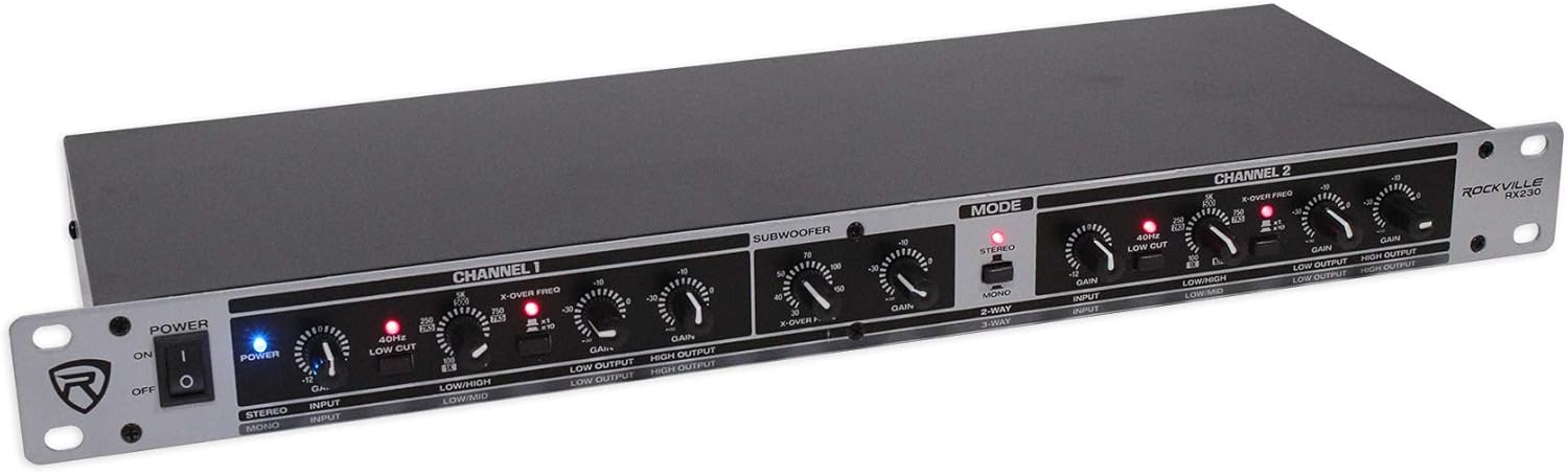 Rockville RX230 2-Way Stereo/3-Way Mono Crossover, XLR Input/Output, Adjustable Crossover Range, 24 dB/Octave Filters, Rack-Mountable for DJs and Live Sound