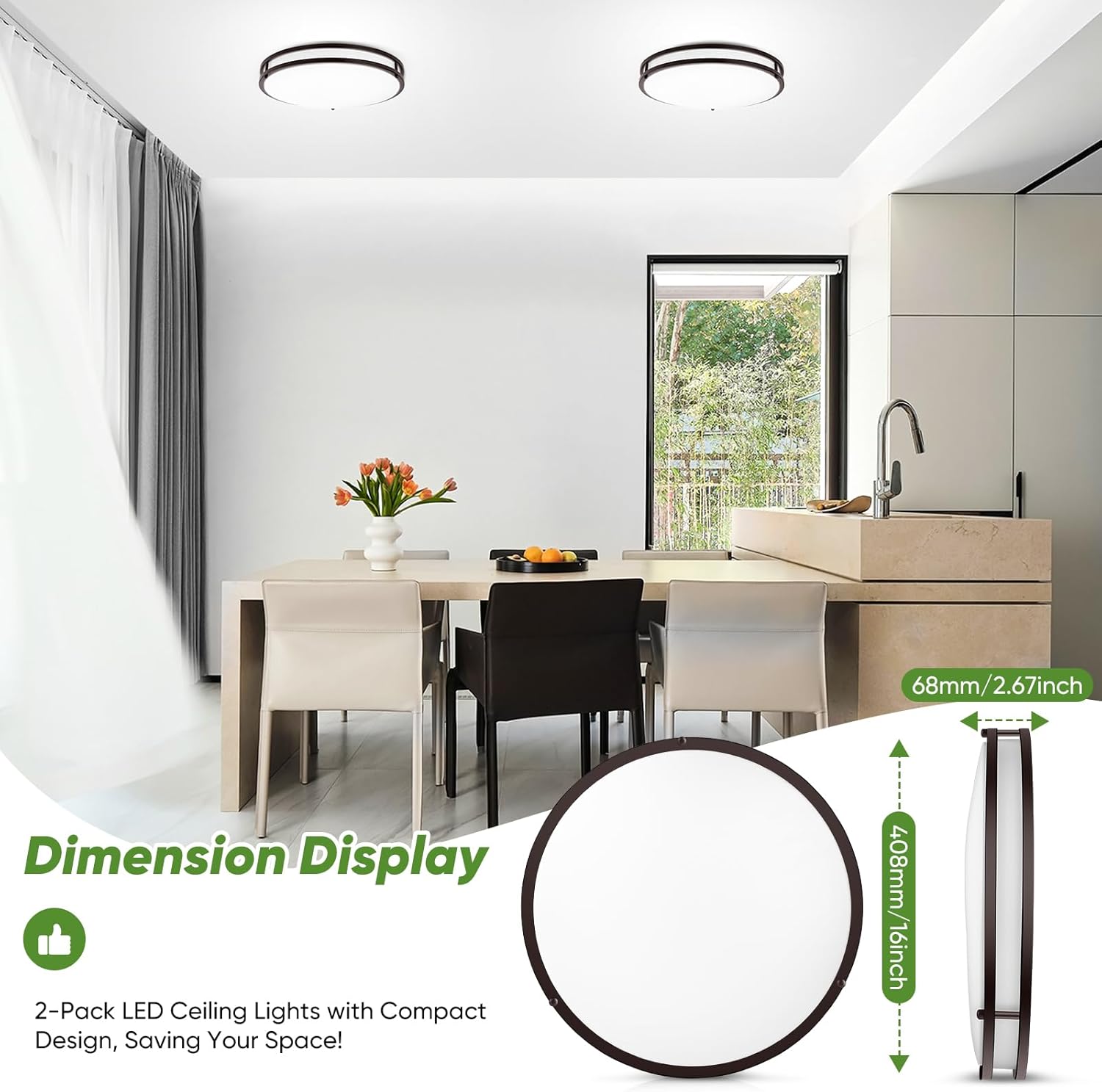 TOBUSA 16in 50W LED Flush Mount Ceiling Lights 5600lm Super Bright, Dimmable LED Light Fixtures 2700K-6500K 5CCT Adjusted, 2-Pack Modern Brown Light Fixture Ceiling for Living Room Bedroom Kitchen