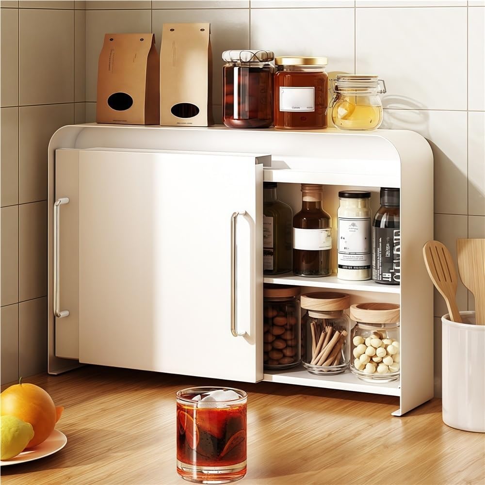 Cup Storage Cabinet, Kitchen Spice Rack with Sliding Door, 2 Tier Storage Rack Organizer for Dining Rooms, Tea Corners, Living Rooms or Offices