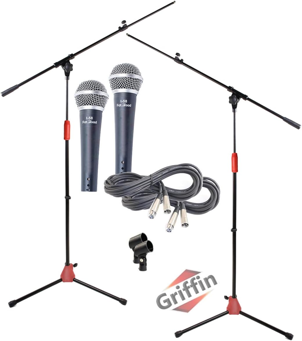 GRIFFIN 2 Pack Mic Boom Stands (StageLOCK Series) with Cardioid Microphones, XLR Cables & Clips – Telescoping Arm, Tripod Mount – Studio, Karaoke