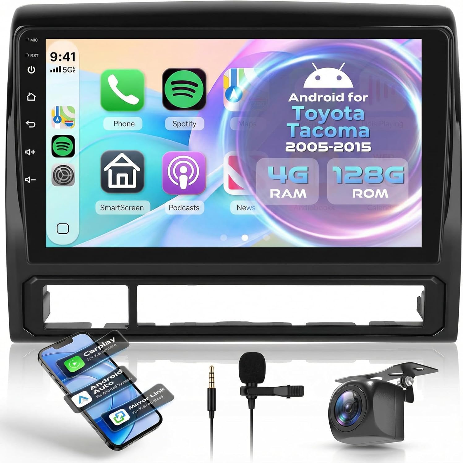4G+128G Car Radio for Toyota Tacoma 2005-2015 with Wireless CarPlay Android Auto, 9 Inch Incell Touchscreen Car Stereo Support Mirror Link GPS WiFi Bluetooth FM RDS EQ SWC Backup Camera