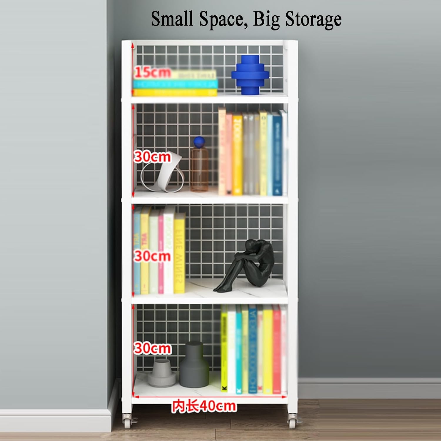 4 Cube Bookshelf, Home Multi-Layer Side Table with Wheels,for Living Room, Study Room, Reading Corner (44.5 X 22 X 120cm)(Black+Black) (White+Light Walnut One Size)