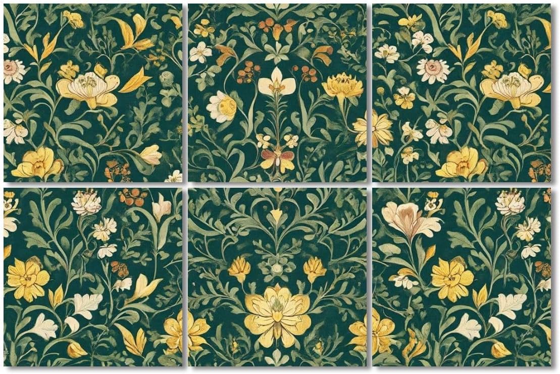 6 Pack Art Acoustic Panels Sound Absorbing Vintage White Flower Damask Plants Yellow Flowers Foliage Decorative Soundproof Wall Panels Self Adhesive for Recording Studios Office 72