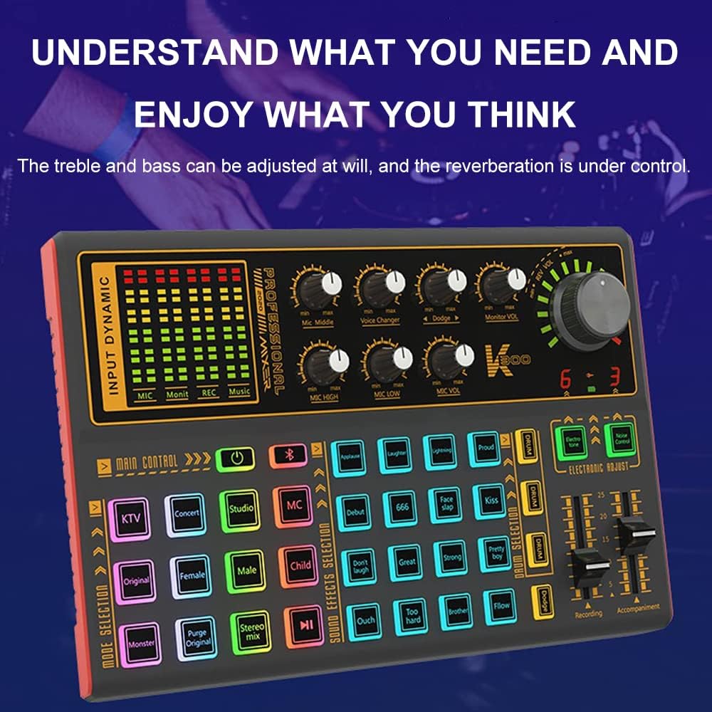 Sound Mixer Board, LED Light Voice Changer Sound Card with 20 Sound Effects, Audio Mixer for Music Recording Live Broadcast on Cell Phone Computer