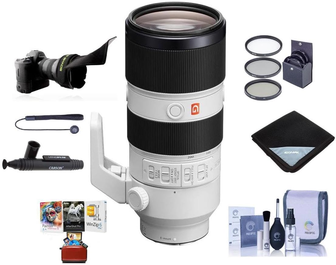 Sony FE 70-200mm f/2.8 GM (G Master) OSS E-Mount Lens - Bundle with 77mm Filter Kit, Flex Lens Shade, Cleaning Kit, Lens Wrap, Lens Cleaner, Capleash, Mac Software Package