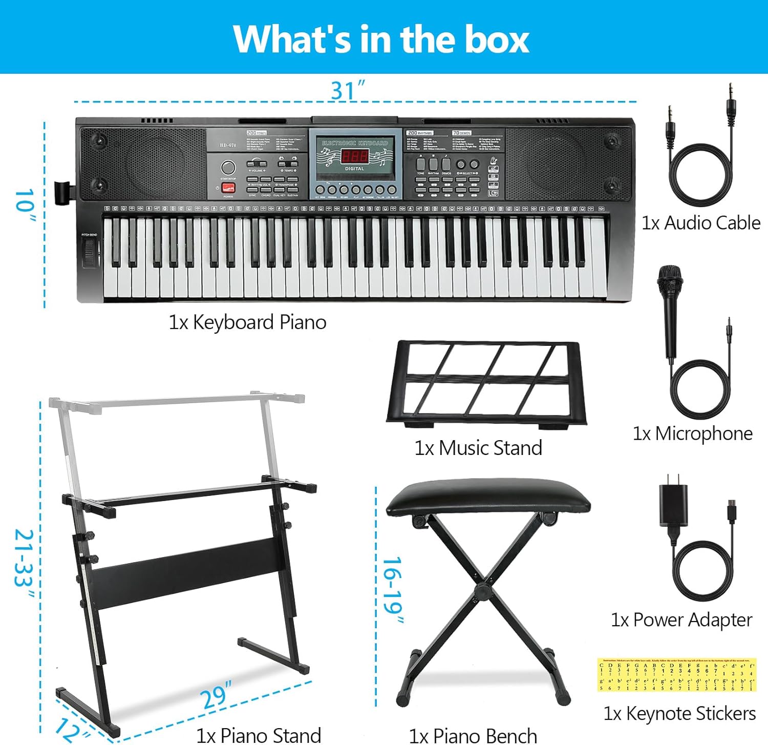 61 Key Keyboard Piano for Beginners w/Stand Bench, Dual Power Mode, Lighted Keys in Follow Mode, 70 Demos, 200 Tones/Rhythms, Pitch Bend Metronome Sustain Sync Chord Dual Key Key Drum Program