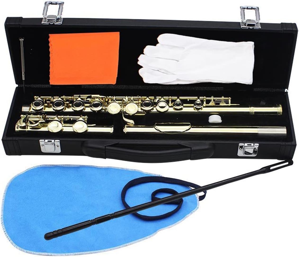 Flute Musical Instrument Golden 16 Holes C Tone Flute with E Key Woodwind Instrument Closed Hole Gold- Plated Keys Cupronickel Tube with Music Case Starter Flute