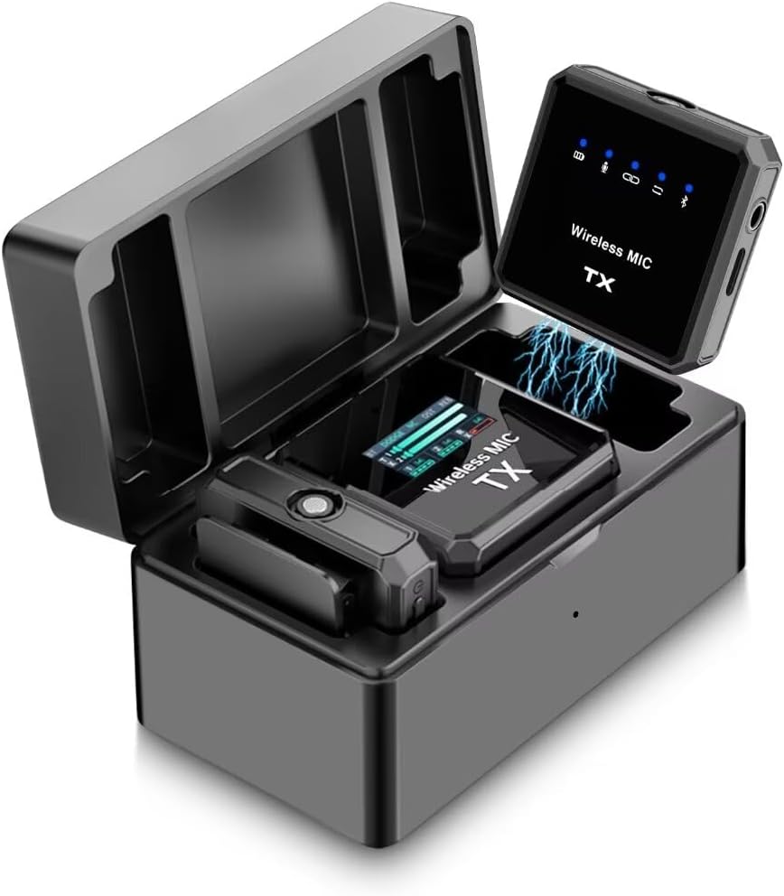 Wireless Lavalier Microphone, with Noise Cancellation，Auto-Dodge, Reverb Mode,3000mA Charging Case, for iPhone,iPad,Android,Camera,2 Pack Wireless Lavalier Clip Mics Live Streaming