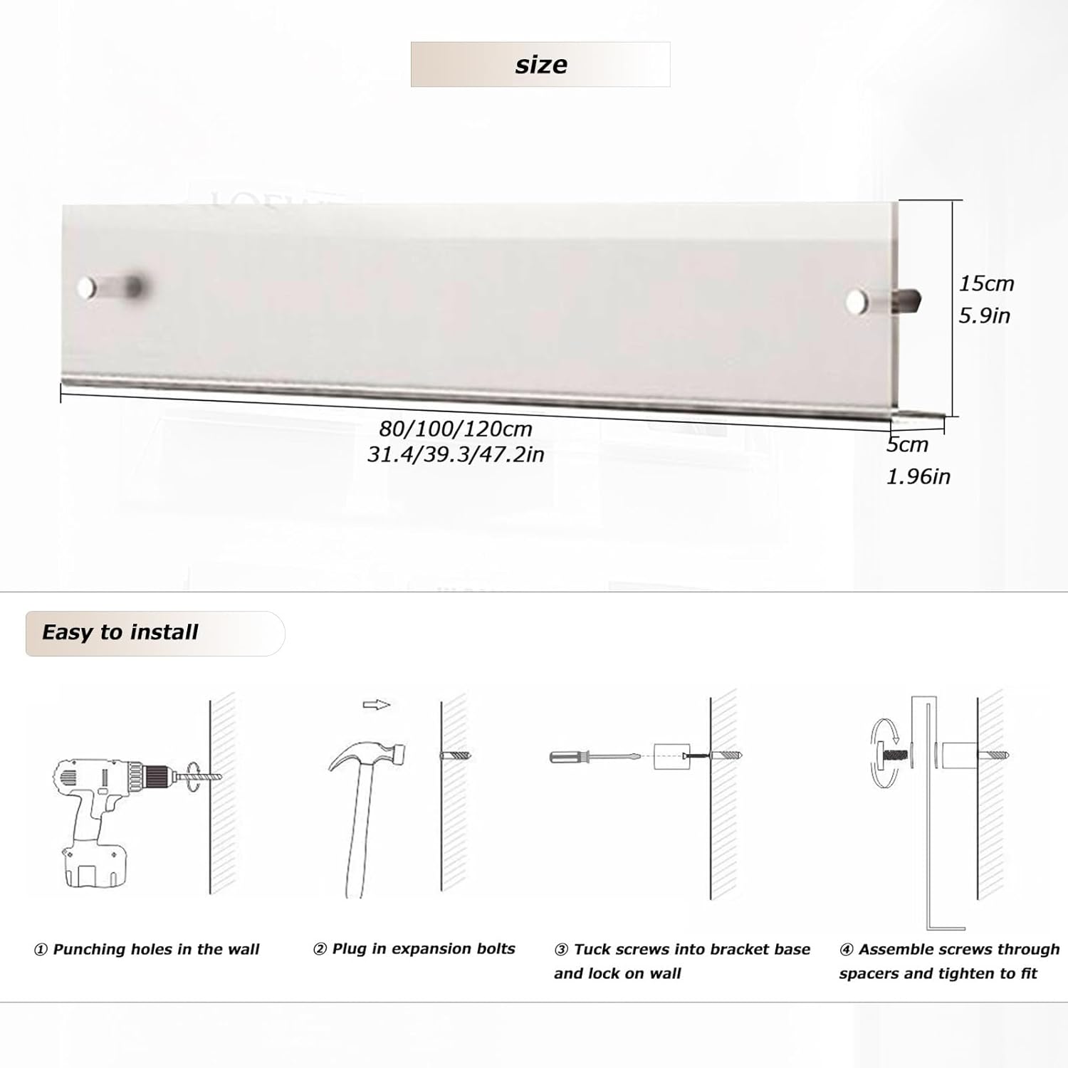 FPIGSHS 2 Pack - Acrylic Wall Magazine Rack，Clear Brochure Holder Wall Mount,Record Holder Wall,Hanging Bookshelf Literature Storage Rack,Floating Bookshelves for Offcie Home (Size : 120cm/47.2in)