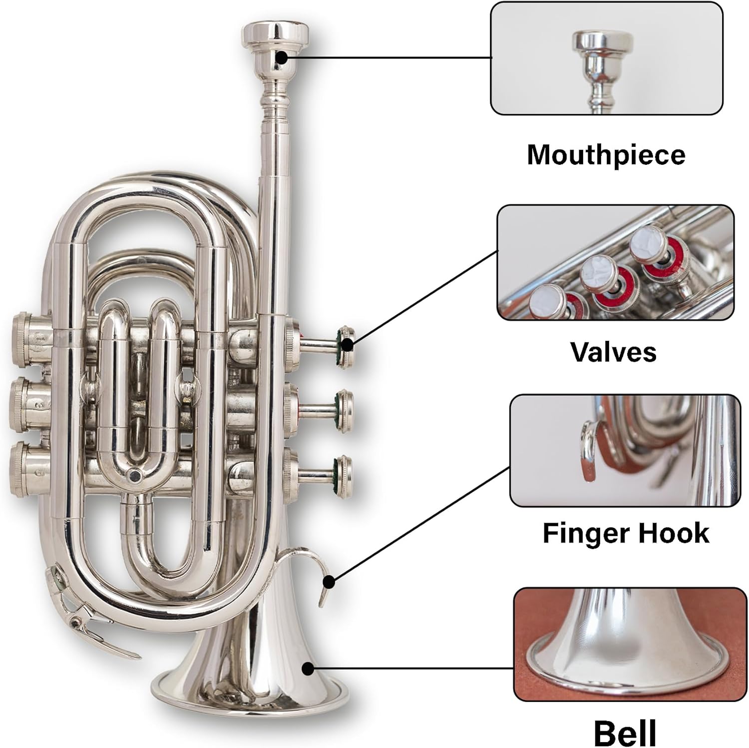 Queen Brass B-Flat Pocket Trumpet Silver Finish Compact Brass Instrument with Mouthpiece Gloves and Carrying Case for Students Beginners and Travel Friendly