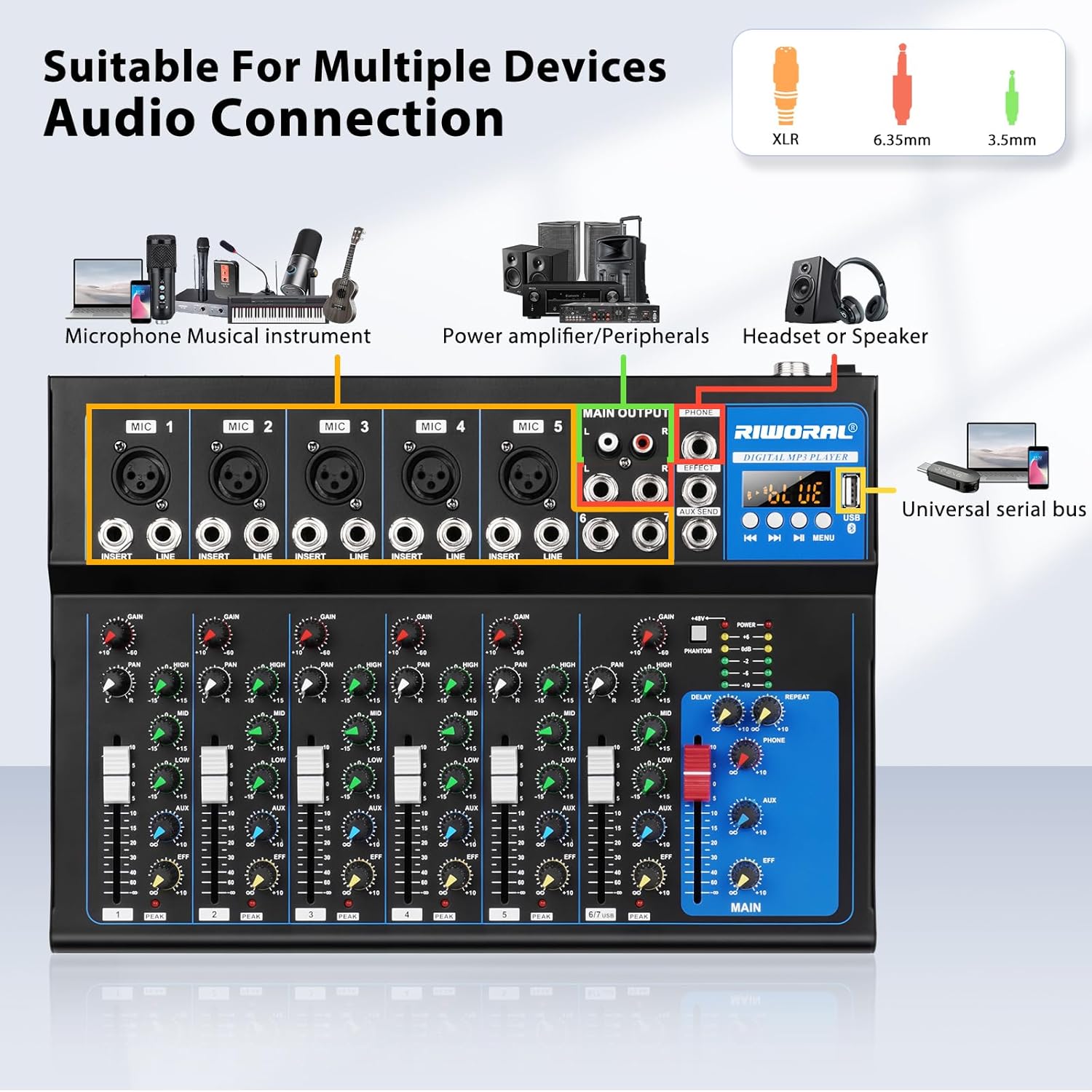 7 Channel Audio Interface USB Audio Mixer Sound Board Mixing Console Built In Bluetooth MP3 Computer Input +48V Phantom Power Mixer Audio For Karaoke Dj Stage Streaming Studio