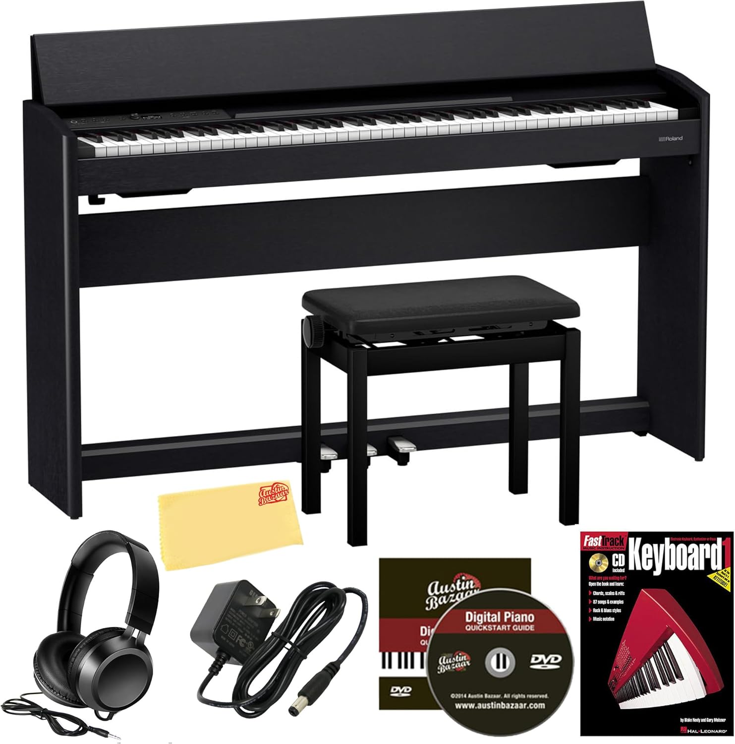 Roland F701 Digital Pianos - Contemporary Black Bundle with Headphones, Instructional Book, Online Piano Lessons, Austin Bazaar Piano DVD, and Polishing Cloth