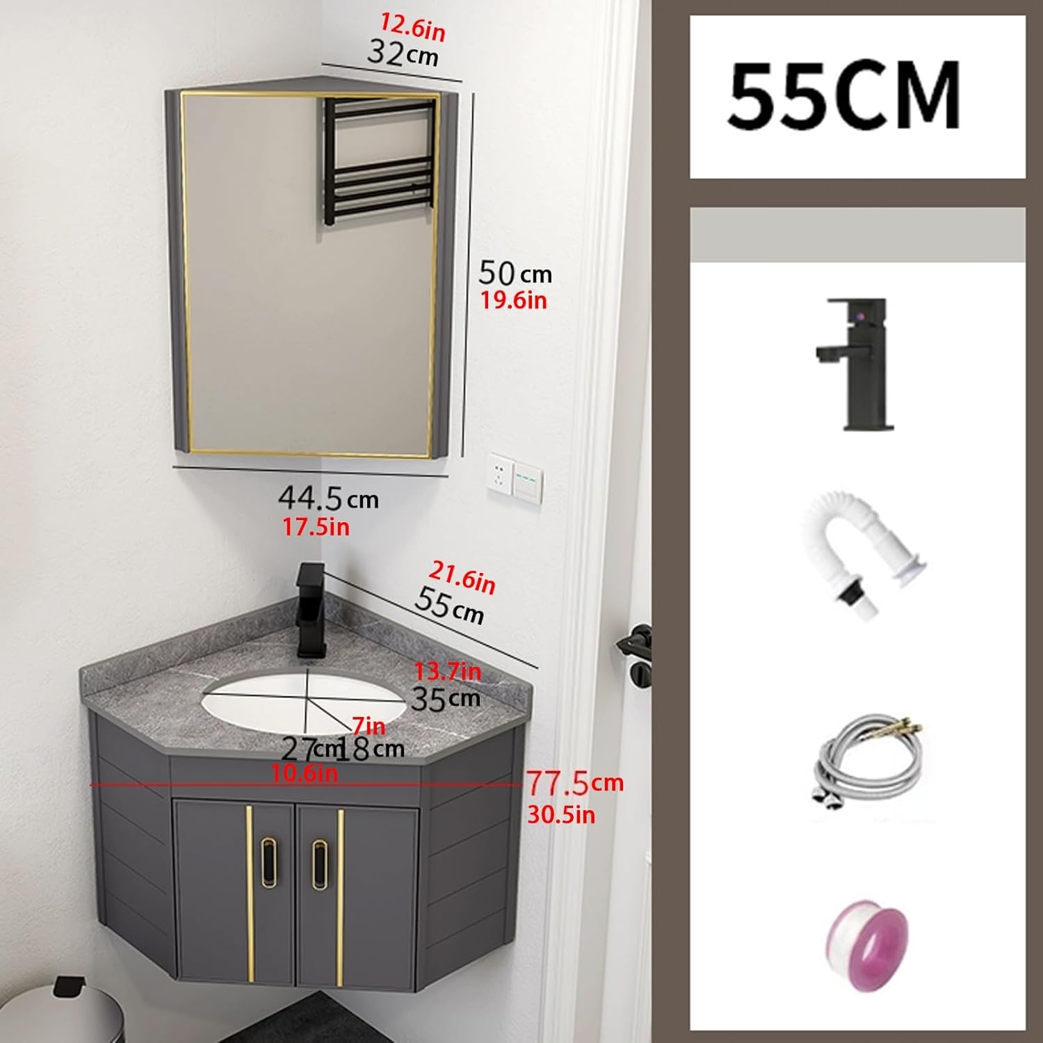 Corner Wall Mount Bathroom Sink, Corner Bathroom Vanity, Modern Bathroom Corner Cabinet, Ceramic Wash with Storage Container and Mirror Cabinet, for Small Space
