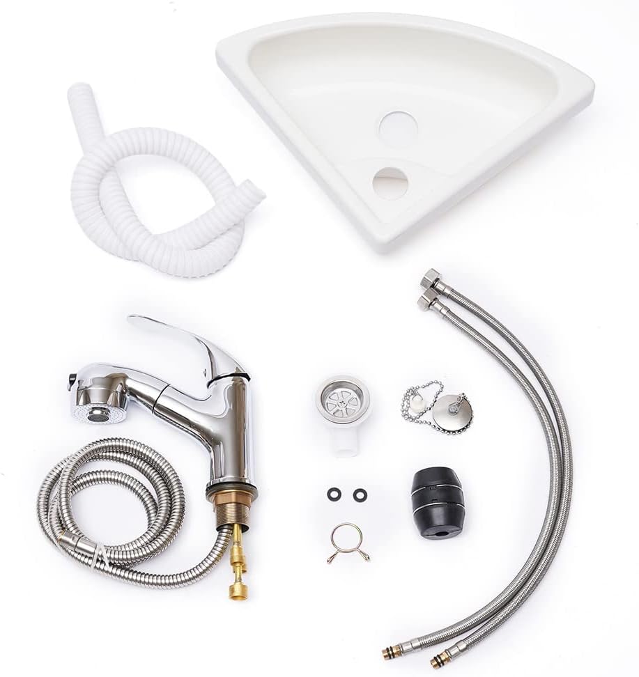 Wall Mount Corner Bathroom Sink White Acrylic Triangle Sink With Faucet Vanity Single Bowl Sink for Boat Caravan Rv Camper Kitchen Bathroom Lavatory (With Faucet and Water Drain Plug)