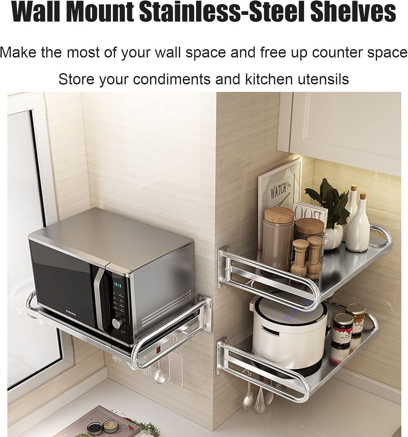 Stainless Steel Shelf Metal Floating Shelving, Wall Mount Microwave Bracket, Kitchen lectric Oven Holders Spice Rack Organizer, Restaurant/Garage/Bathroom Multifunctional Storage Shelves