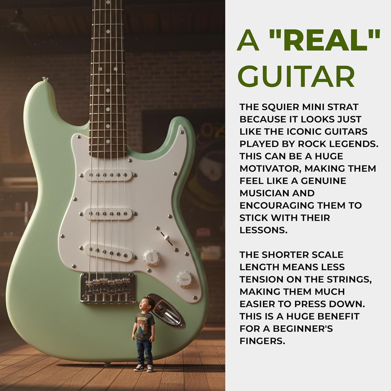 Fender Squier 3/4-Size Kids Mini Strat Electric Guitar - Surf Green Bundle with Amplifier, Cable, Tuner, Strap, Picks, Online Lessons, and Austin Bazaar Instructional DVD