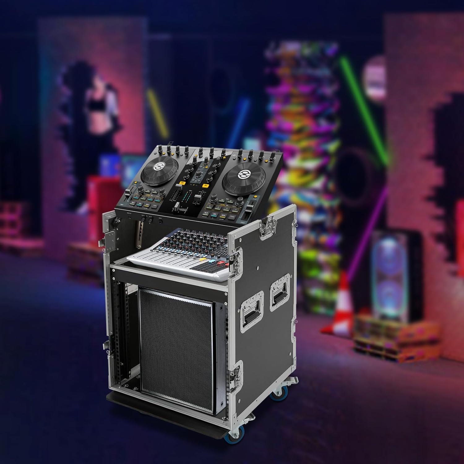 10U PA DJ Rack, 2 Tier Heavy Duty Pro DJ Mixer Stand, Audio Rack Rolling Equipment Rack Cabinet With 4 Wheels for Storing Electronic Equipment Such As Amplifiers, Mixers, Microphones, Sequencers Etc