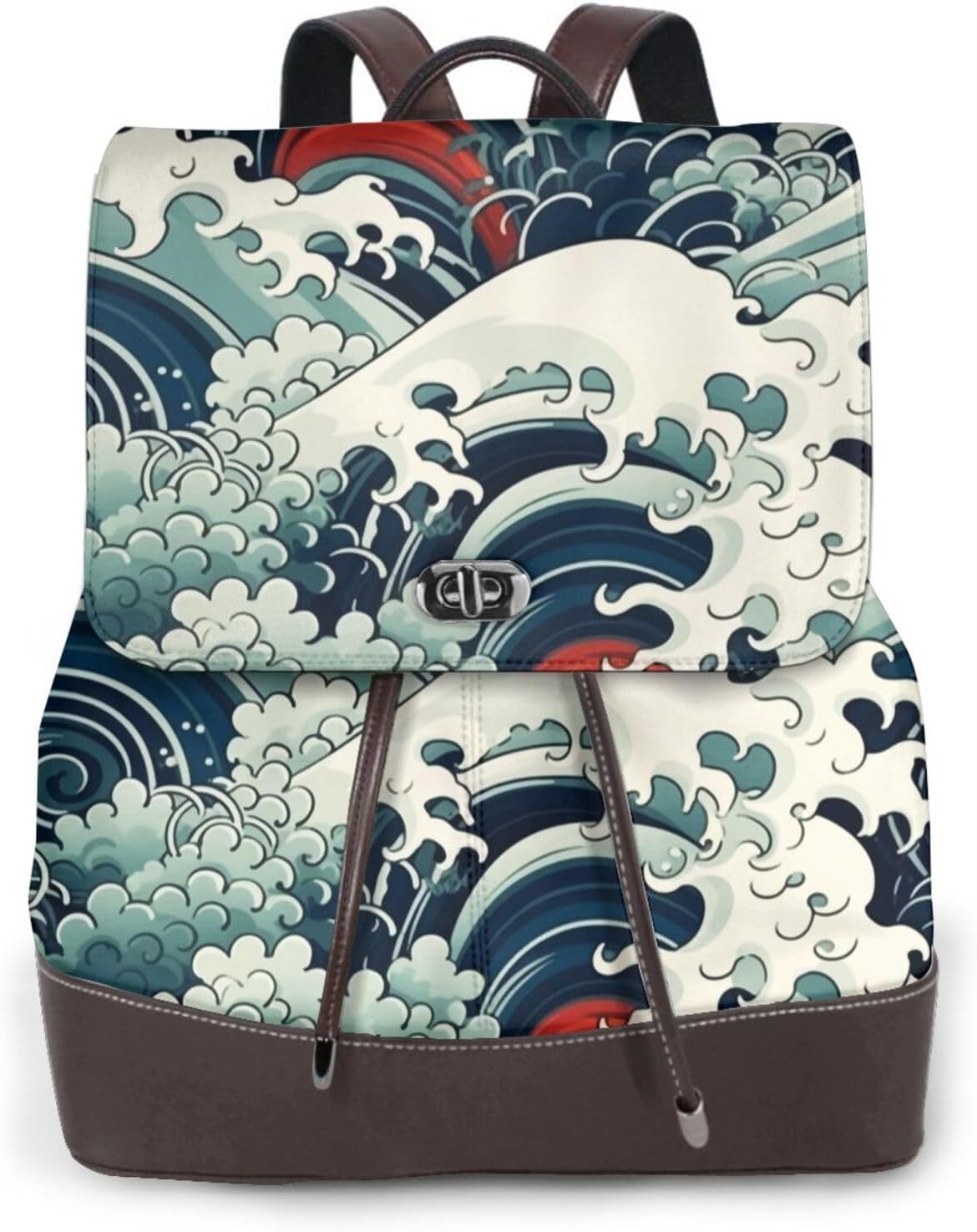 Japanese Waves1 for Womens Backpack Purse Microfiber PU Anti-theft Large Fashion Designer Travel Bag Ladies Shoulder Bags