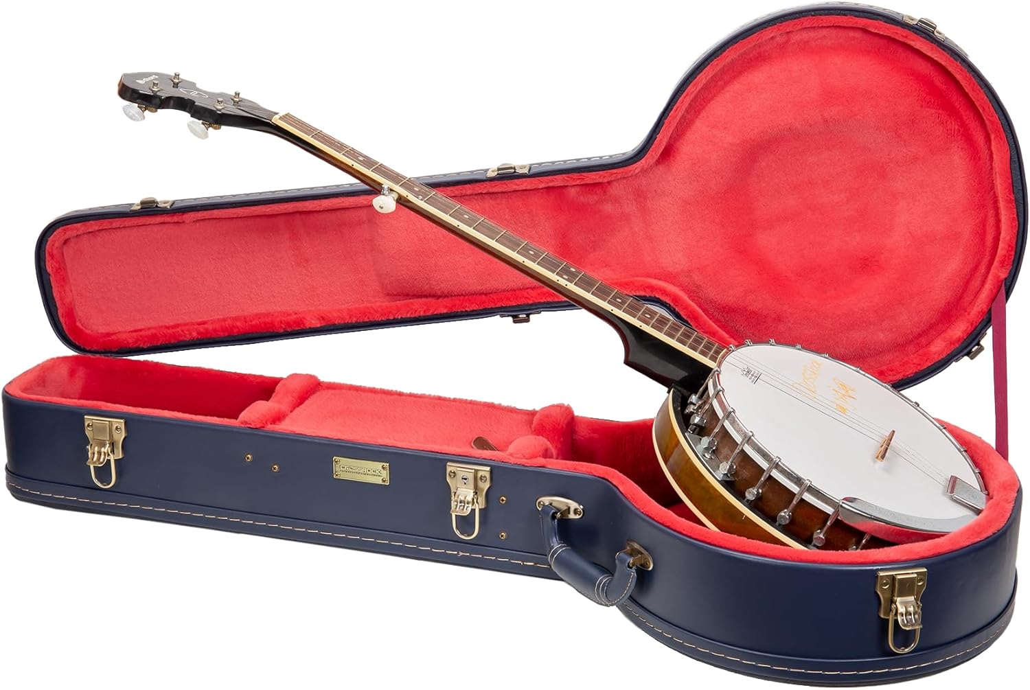 Crossrock Relief Series Banjo Case for 5-String Resonator | Carved Ocean Blue Finish, Deep Scarlett Velvet Interior, Lock – Premium Wooden Hardshell