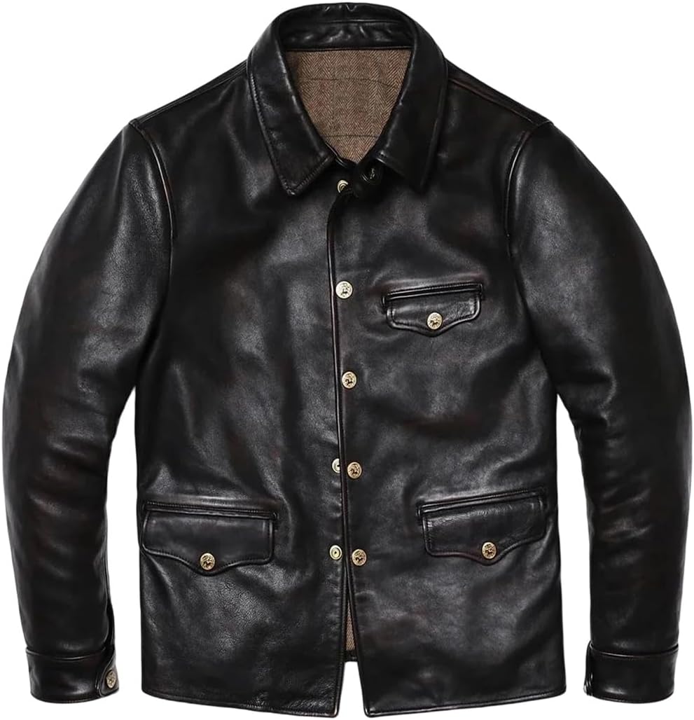 Men Classical Brakeman Retro Horsehide Genuine Leather Vintage Style Single Breasted Leather Jacket