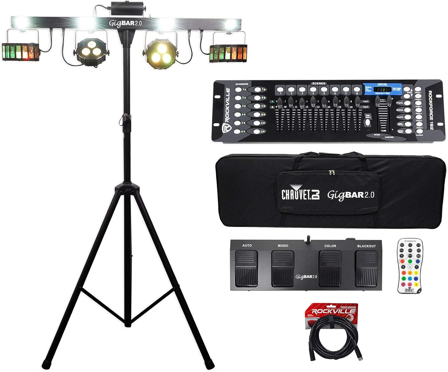 Audiosavings Bundle: Chauvet GigBar 2.0 DMX LED 4-in-1 Light FX Bar w/Tripod+Footswitch+Remote+Bag Bundle with Rockville ROCKFORCE 192-Channel Light/Fog DMX Lighting Controller (2 Items)