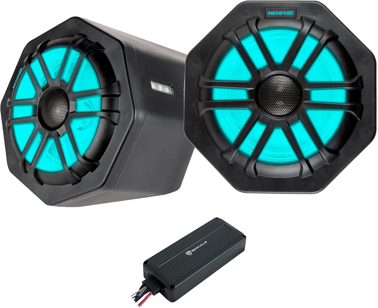 Memphis Pair Audio GEN65FE 75w RMS LED Speaker Pods for 2016+ Polaris General Bundle with Rockville ATV220 UTV/Motorcycle Bluetooth Amplifier (2 Items)