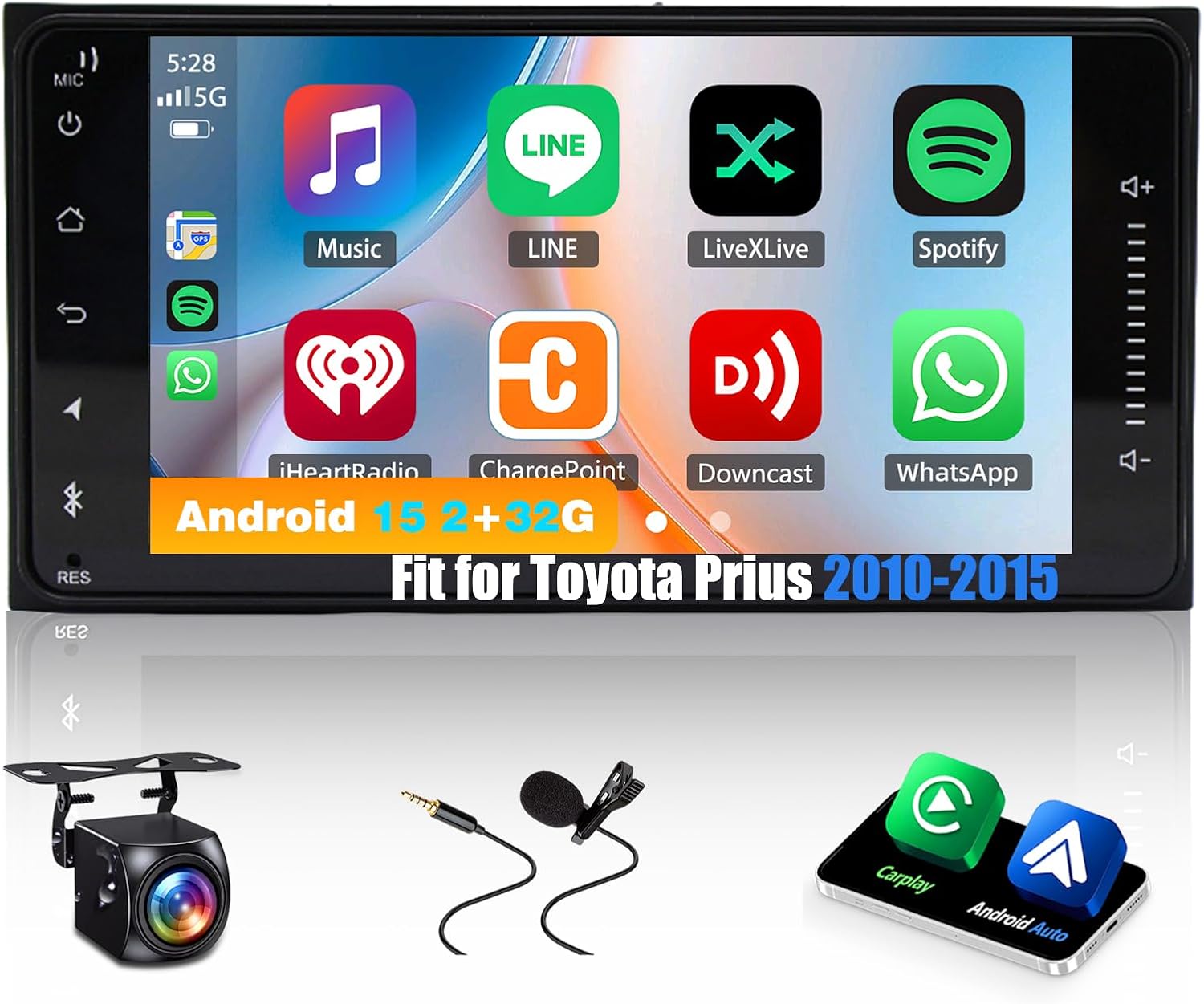 Android 15 Car Stereo Fit for Toyota Prius 2010-2015, 7inch Touch Screen with Wireless Carplay Android Auto AHD Backup Camera Mirror Link GPS SWC WiFi FM