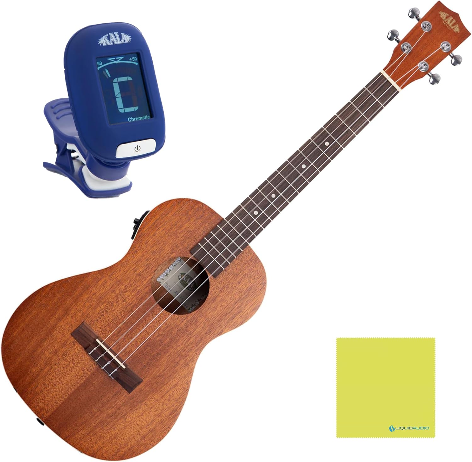 Kala KA-BE Mahogany Baritone Ukulele with EQ Bundle with KALA Klipz Blue Clip-On Tuner & Polishing Cloth – Electric-Acoustic Ukulele with Built-In EQ, Warm Tone & Chrome Die-Cast Tuners