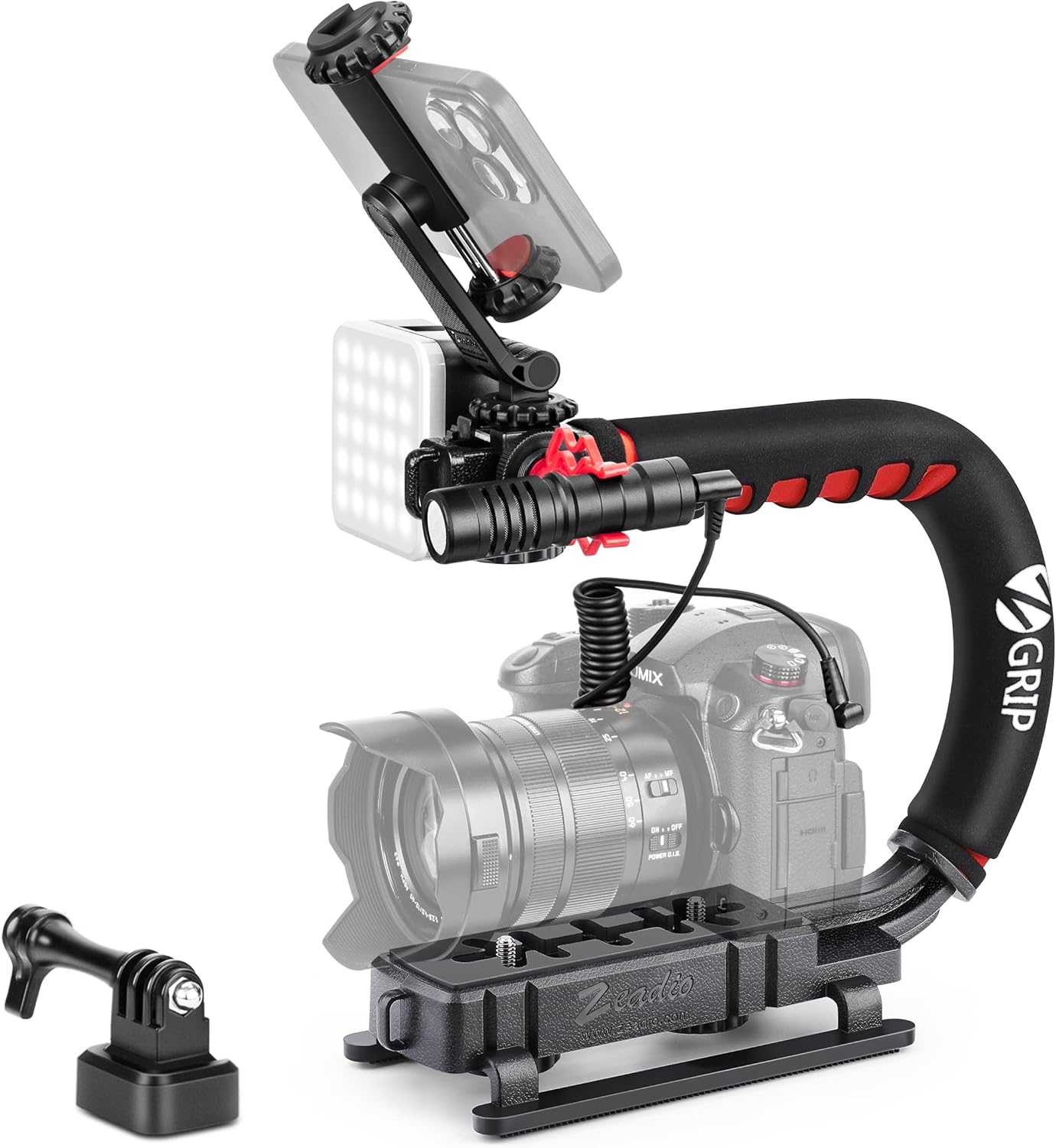 Zeadio Camera Stabilizer, Handle Grip Handheld Stabilizer with LED Video Light and Microphone, Fits for All Camcorder, Camera, DSLR, Action Camera and All Smartphones