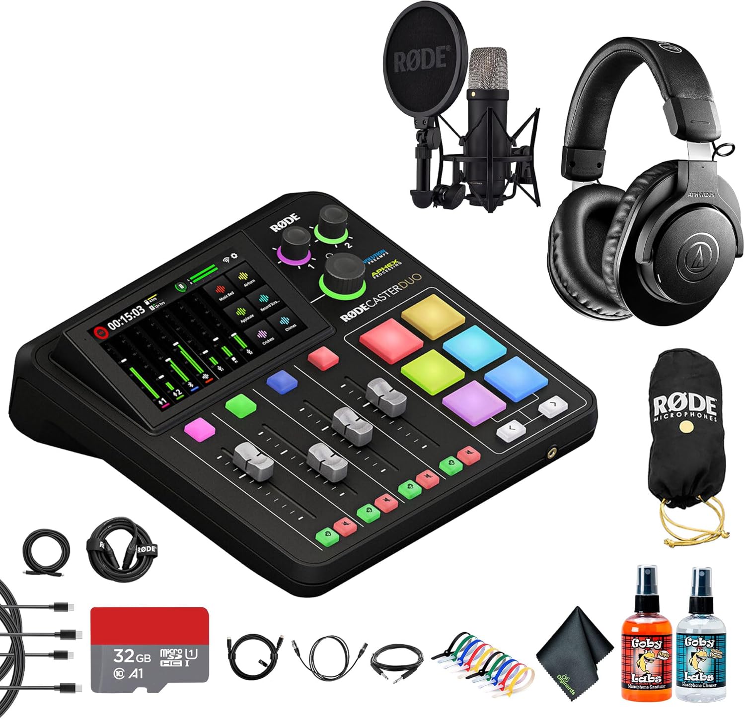 RODE RODECaster Duo Integrated Audio Production Studio | Compact Mixer with Dual USB Interface & Bluetooth | For Podcasting & Streaming (RCDUO) + Headphones + Podcast Microphone + 32GB Card + More