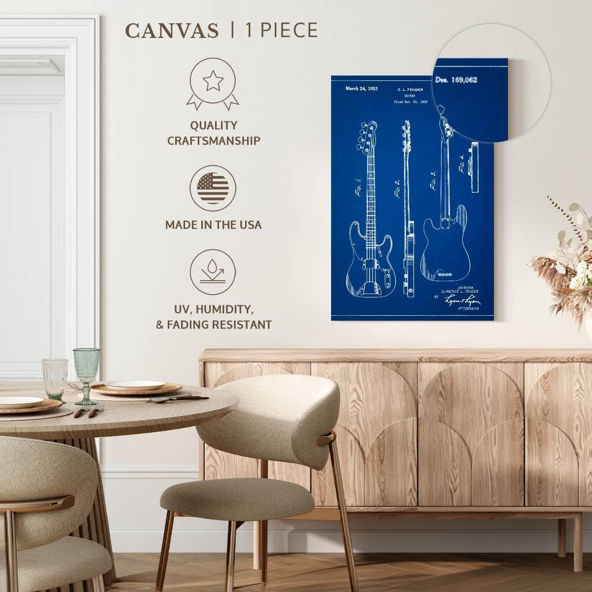 Elephant Stock - Blueprint Fender Precision Bass Guitar Patent Poster Wall Art - Vertical Canvas Wall Art - Living Room Wall Decor - Drawing Music Blueprints Canvas Art - Blue And White Decor by Cole Borders - 34