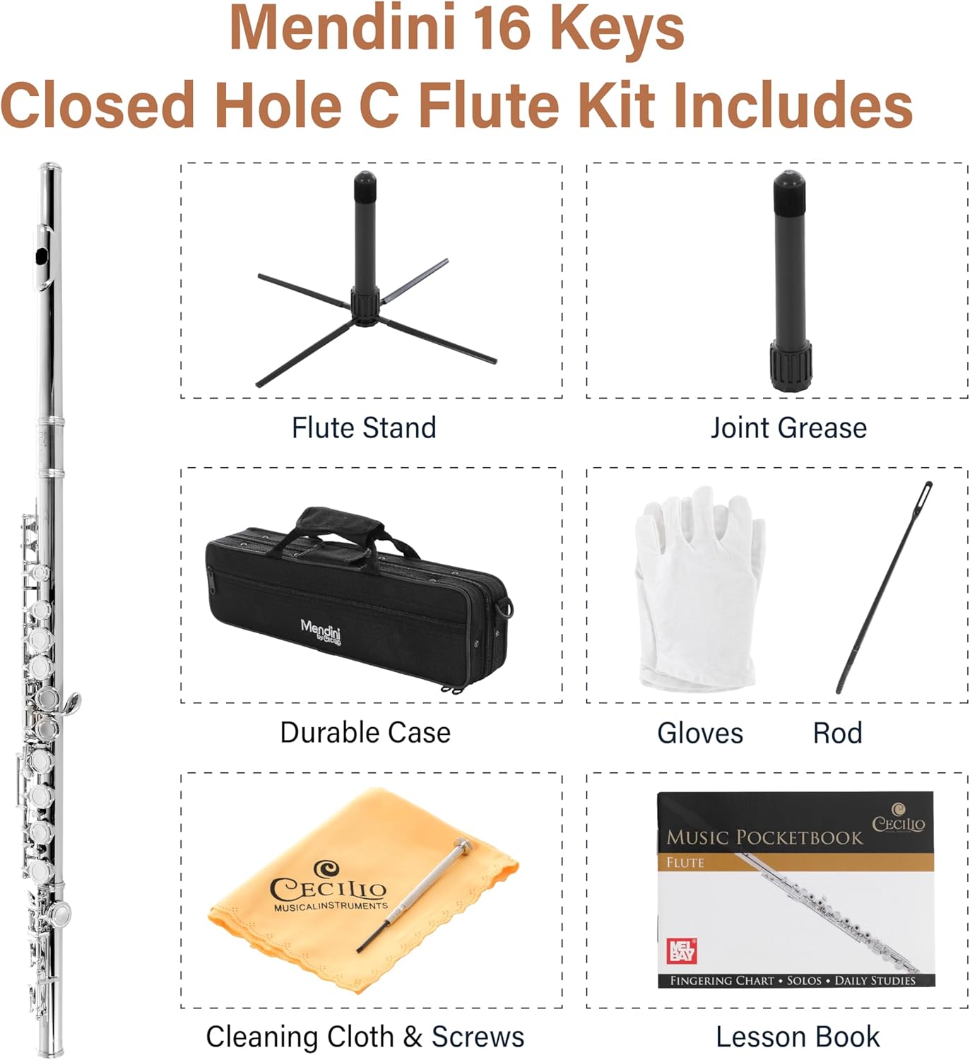 Mendini By Cecilio Flute, 16 Keys C Flute Instrument Closed Hole For Beginners with Carrying Case, Cork Grease, Stand, Lesson Book, Cleaning Kit, Gloves (Nickel)