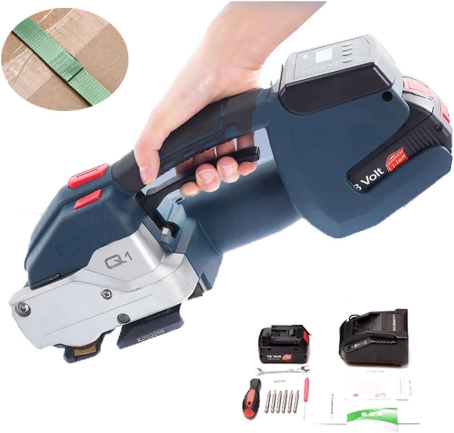 Q1 Full Automatic Electric Strapping Machine With 1 Battery Portable Digital Display Packing Tool For 10-16mm PET PP Belt with Efficiency(1 BATTERY)