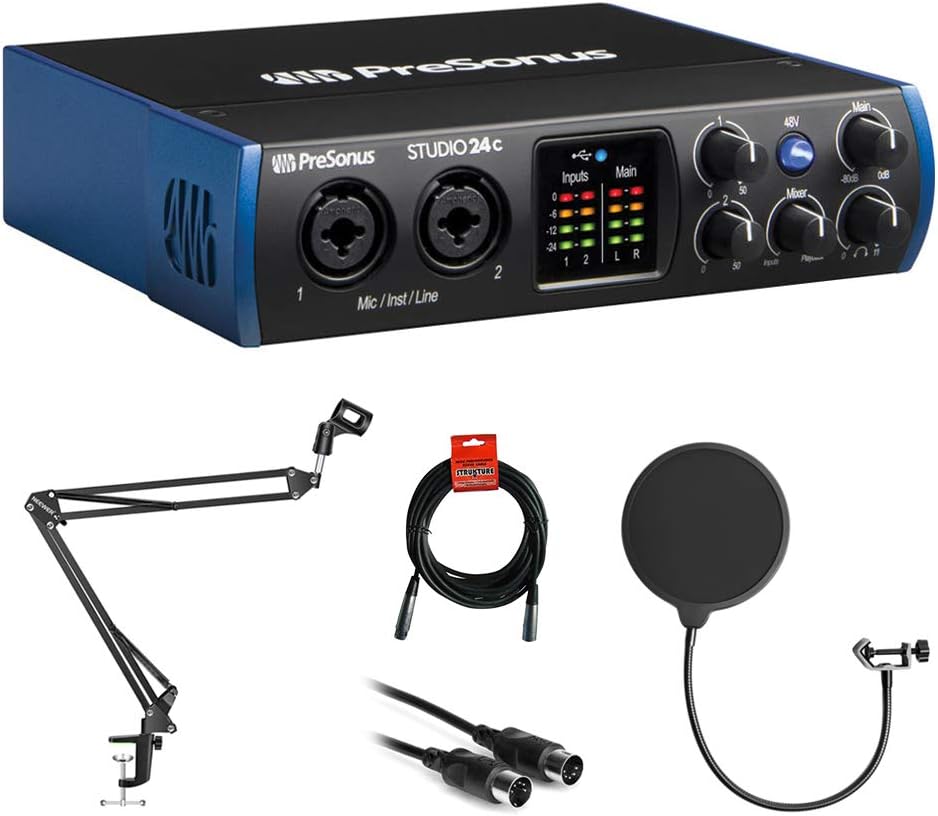 PreSonus Studio 24c 2x2 USB Type-C Audio/MIDI Interface with Kellopy Pop Filter, Mic Boom Scissor Arm Stand, 10ft MIDI Cable & XLR Cable Bundle