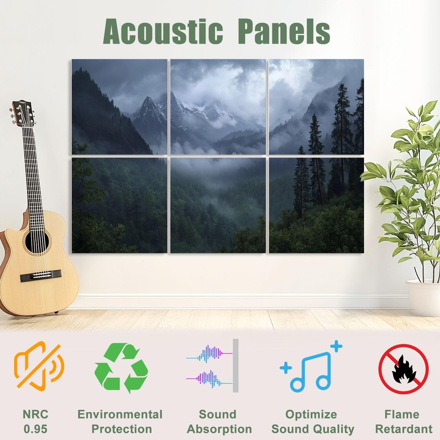 6 Pack Art Acoustic Panels Sound Absorbing Misty Snow Capped Mountains Dense Forest Foggy Atmosphere Tall Pine Decorative Soundproof Wall Panels Self Adhesive for Recording Studios Office 72