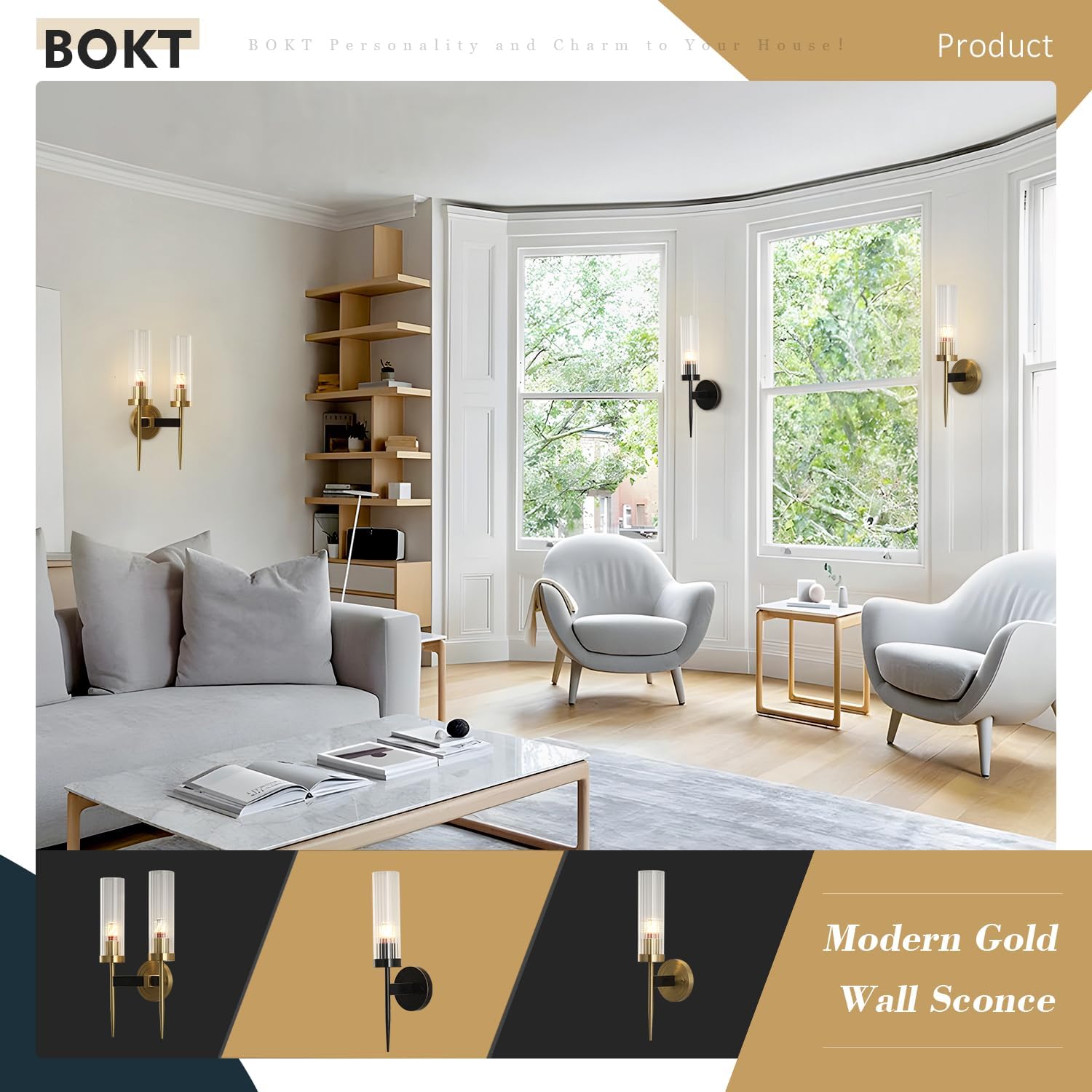 BOKT Mid-Century Modern Gold Wall Light Cylinder Glass Wall Sconce Anti Brushed Brass Long Wall Sconce Light Vintage Bathroom Globe Wall Mount Light Bar Wall Lamp