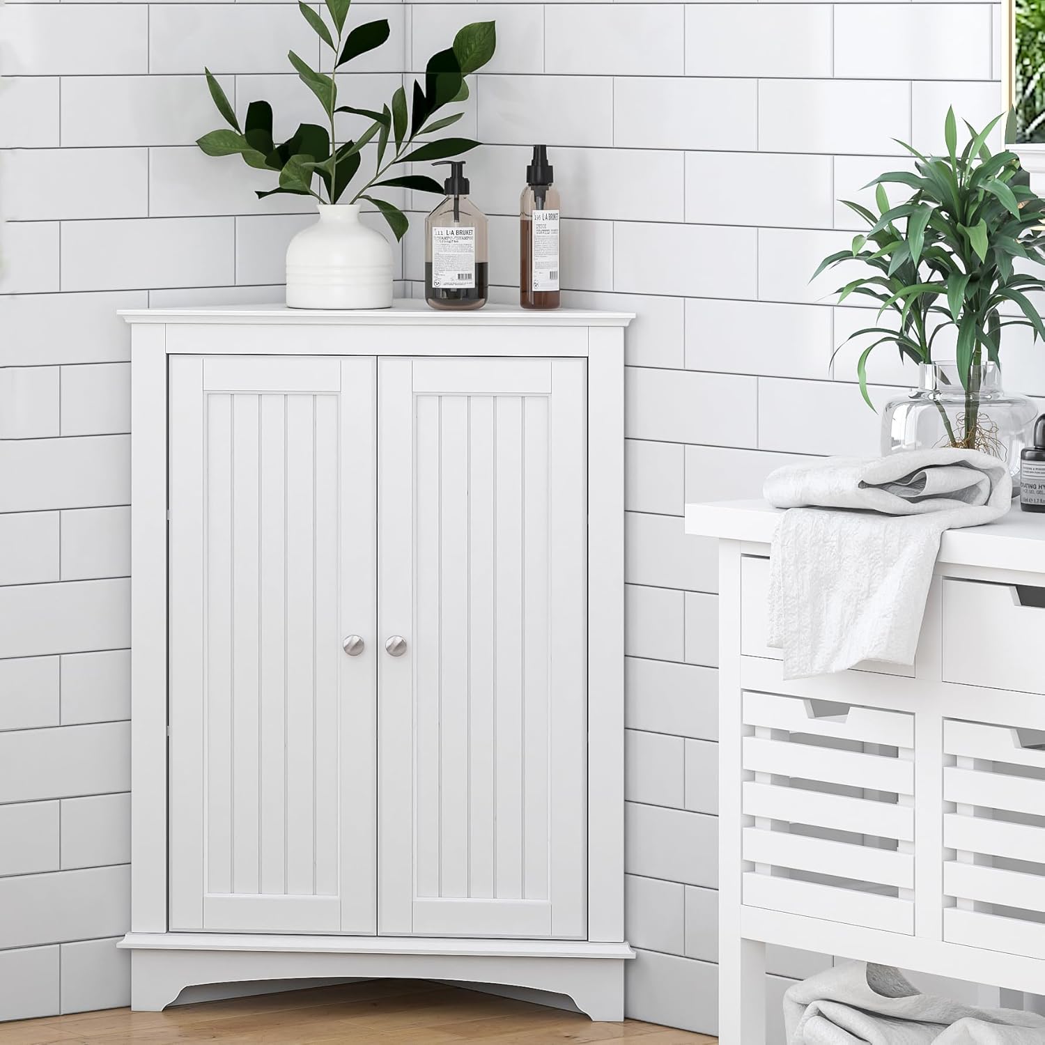 Spirich Floor Corner Cabinet with Two Doors and Shelves, Free-Standing Corner Storage Cabinets for Bathroom, Kitchen, Living Room, White