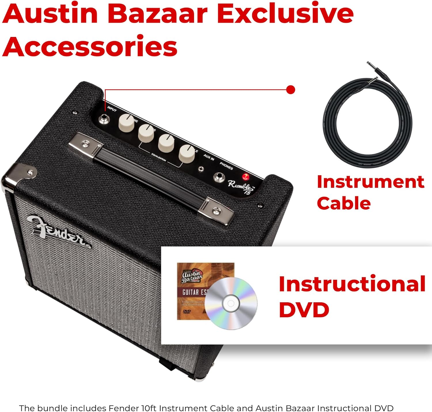 Fender Rumble 15 Bass Combo Amplifier Bundle with Instrument Cable and Austin Bazaar Instructional DVD