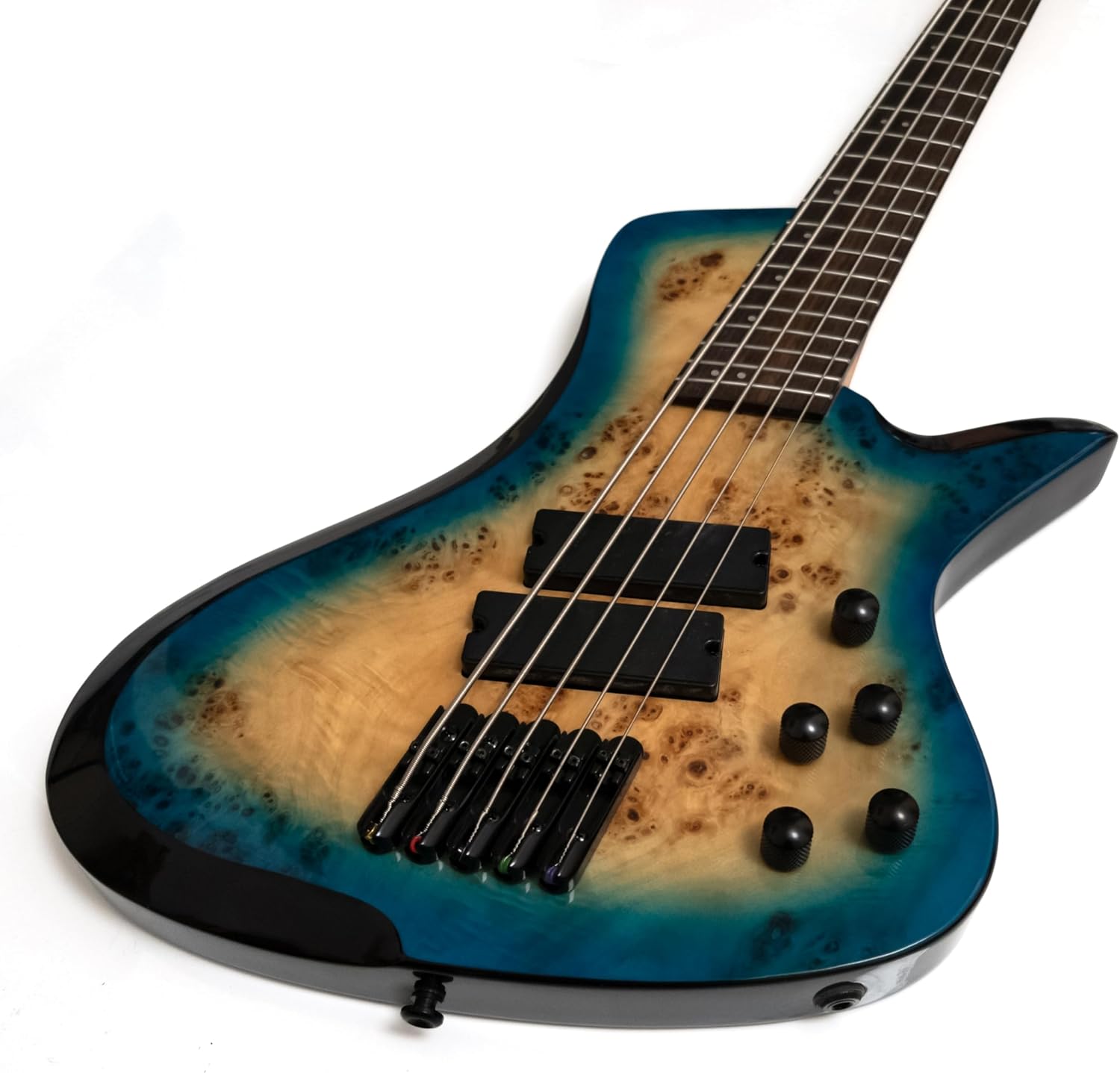 Upgrade Fanned Fret 5-String Bass Guitar, Multi-Scale 34.5–36.25″, Blue Burl Burst, Roasted Maple Neck, Rosewood Fingerboard, Active/Passive Humbuckers, 3-Band EQ, Jumbo Frets, Black Hardware