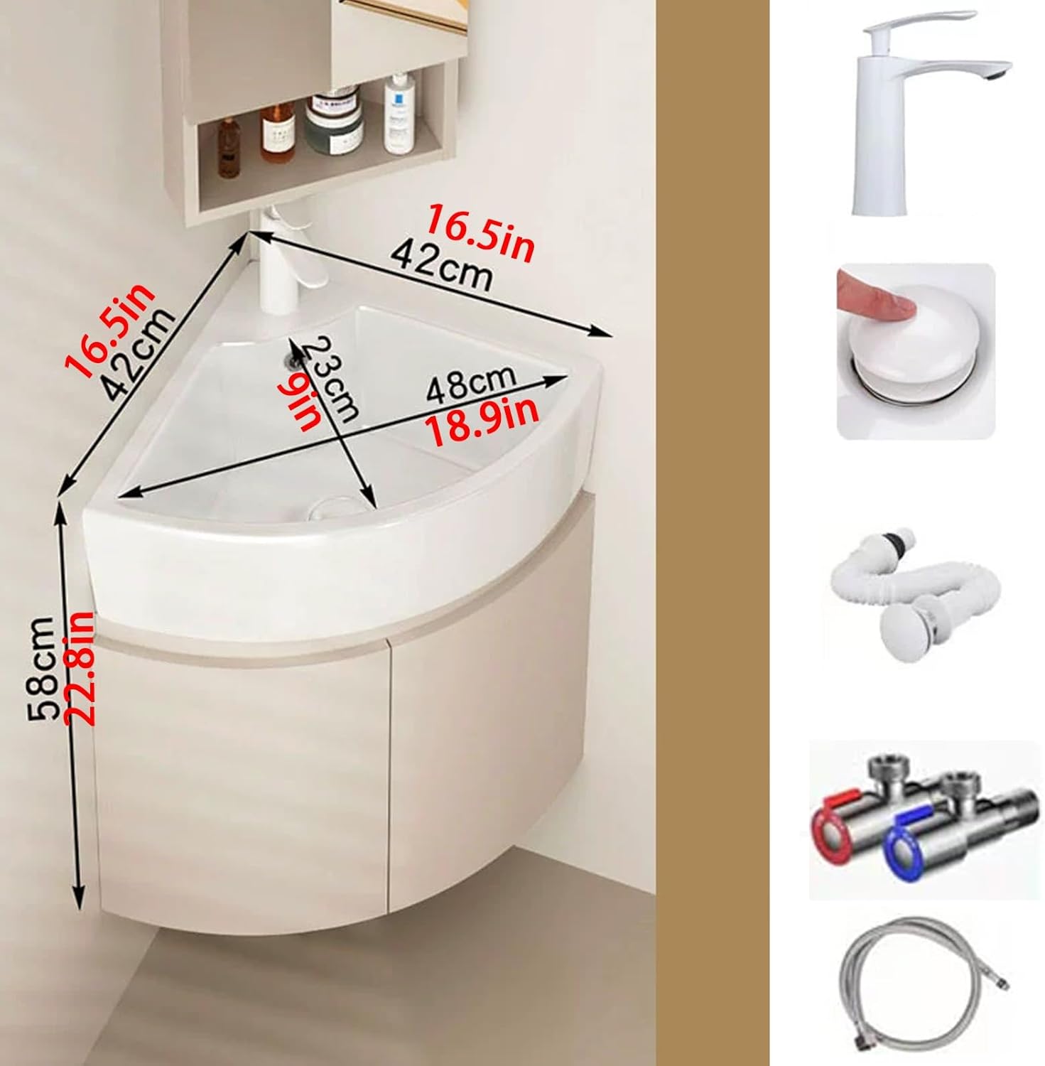 Corner Wall Mount Bathroom Sink, Bathroom Corner Hand Basin Sink, Corner Bathroom Vanity, Bathroom Sink Cabinets with Storage Container, Space Aluminum Material(42cm/16.5in)