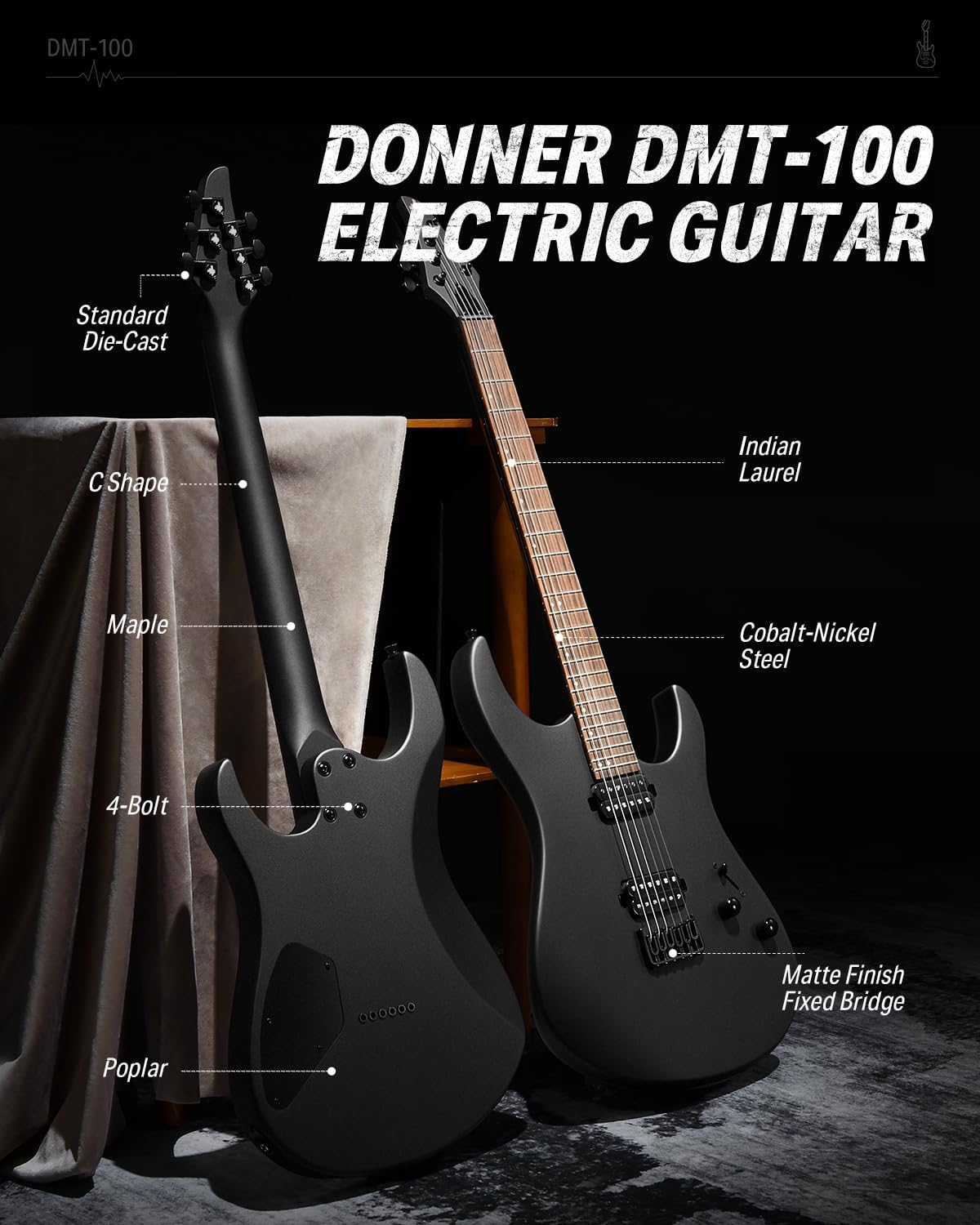 Donner Solid Body Electric Guitar, Matte Finish 39 Inch Metal Electric Guitar Beginner Kits with Bag, Strings, Strap, Cable, Strings Dampener for Rock Music Lover, DMT-100 (Matte Black)