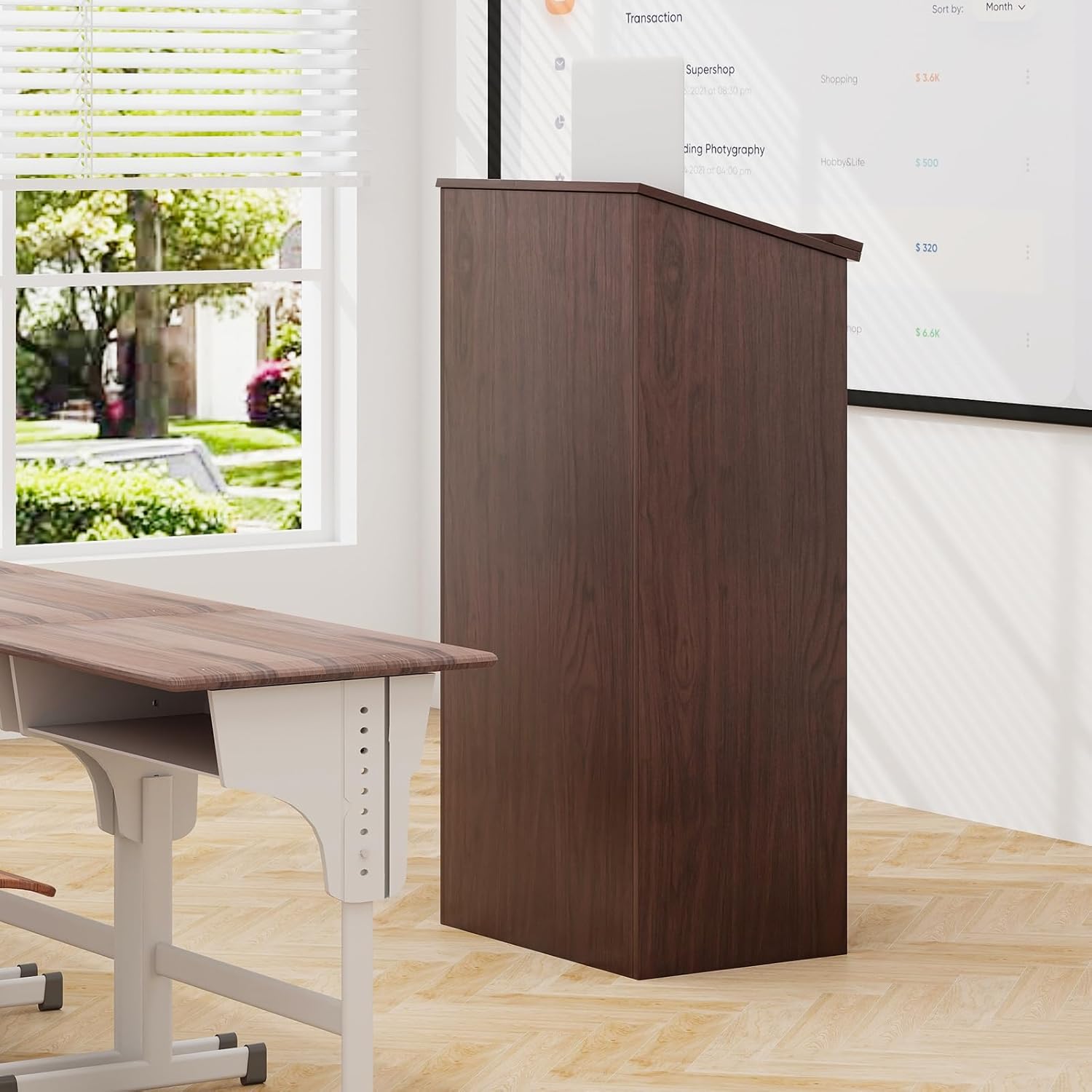 Tangkula Floor Standing Podium, Wooden Speaking Lectern Hostess Stand with 2-Tier Shelves & Dual Cable Holes, Standing Lectern Desk for Meeting Room, School, Churches, Auditorium, Classroom