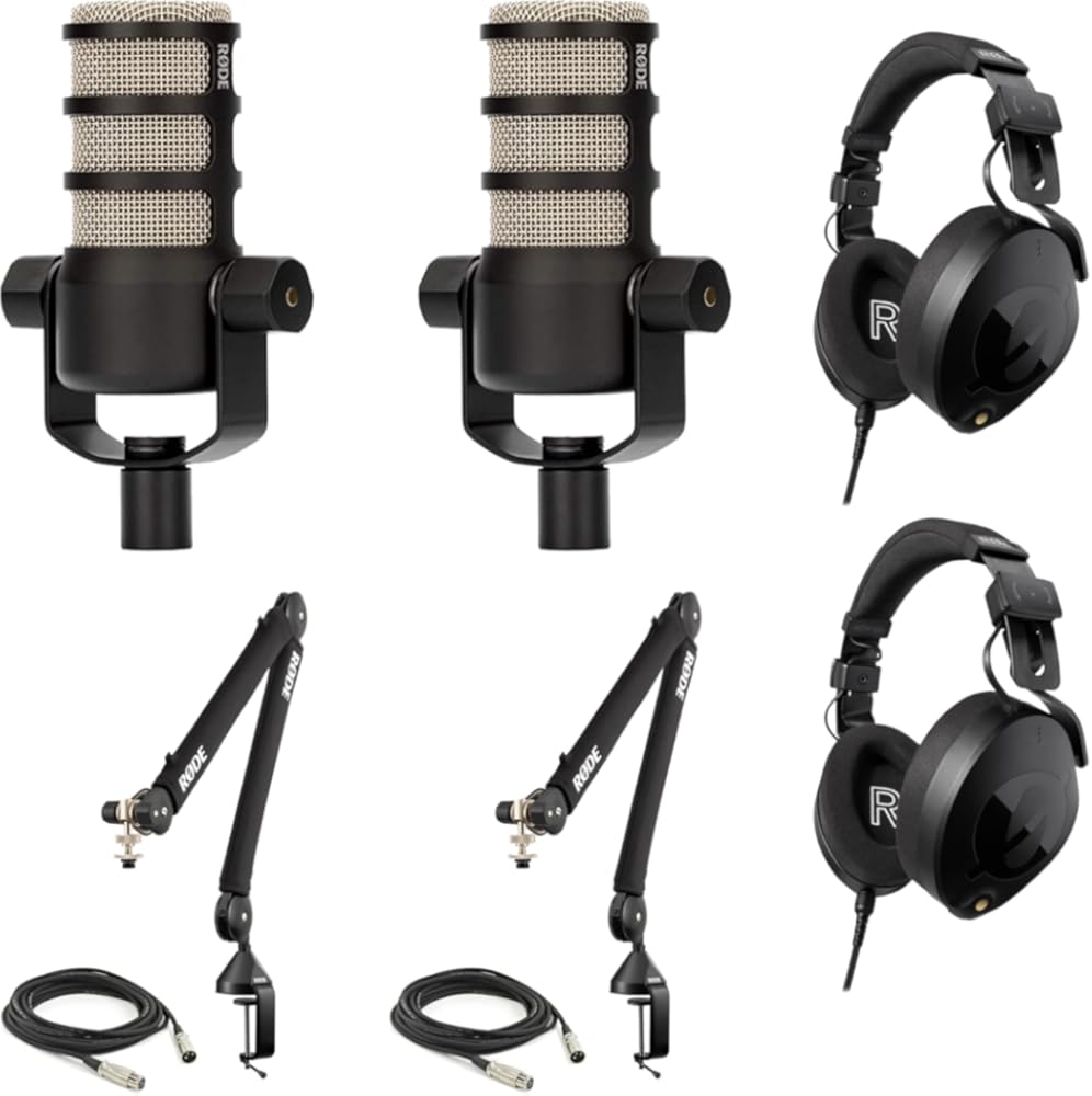 Rode PodMic Dynamic Podcasting Microphones (Pair) with 2X PSA1+ Professional Studio Boom Arms, NTH-100 Professional Closed Back Over Ear Headphones, XLR Cables and StreamEye Polishing Cloth