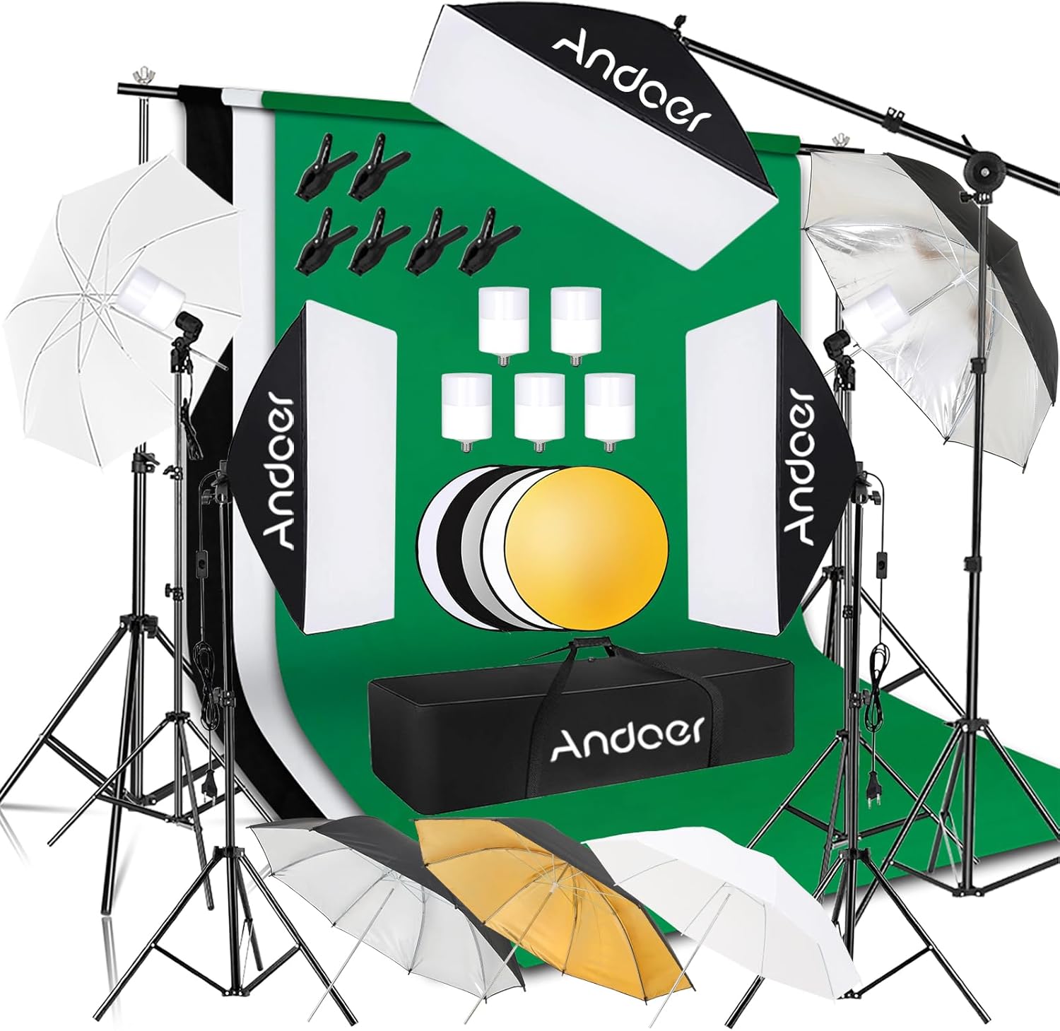 Andoer Professional Softbox Photography Studio Lighting Kit with 3 Color Backdrops, 6.5*10ft Backdrop Stands, Photography Umbrellas for Product Photography Portrait Video Shooting and Live Streaming