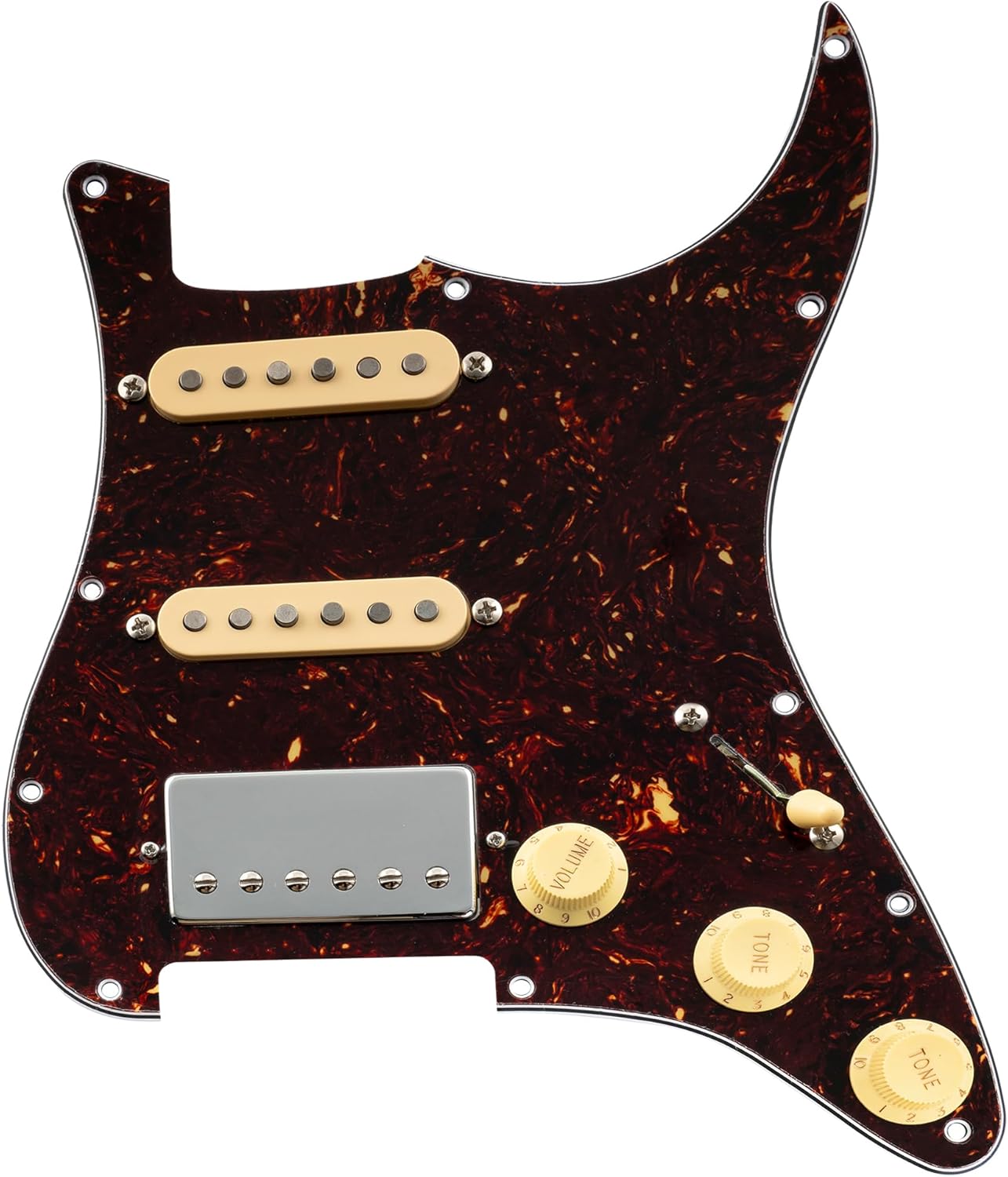 Musiclily Pro HSS Pre-wired Pickguard ST Guitar Loaded Pickguard with Artec Alnico 5 Single Coil Humbucker Pickups for American/Mexico Squier Strat Style Electric Guitar, 4ply Tortoise Shell