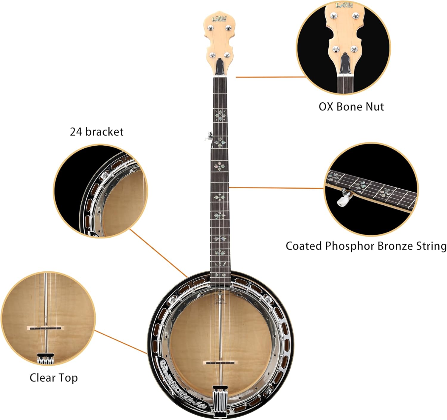 5 String Full Size Banjo Solid Back Remo Head Coated Top Flamed Maple Body Material Flamed Maple Back Material Type Flamed Maple Neck Material Type
