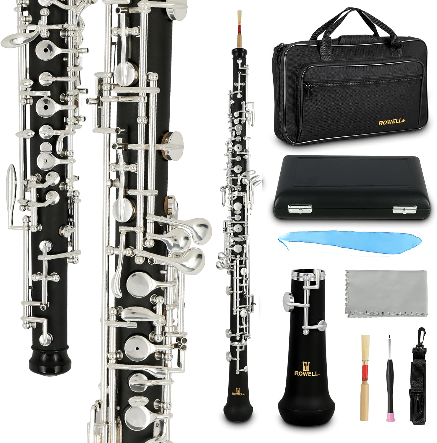 ROWELL Professional Oboe C-key Silver-plated Key Oboe Semi-automatic System Composite Wood Body Comes with Reed and Carrying Case Ideal for Beginners, School Bands, and Music Exams