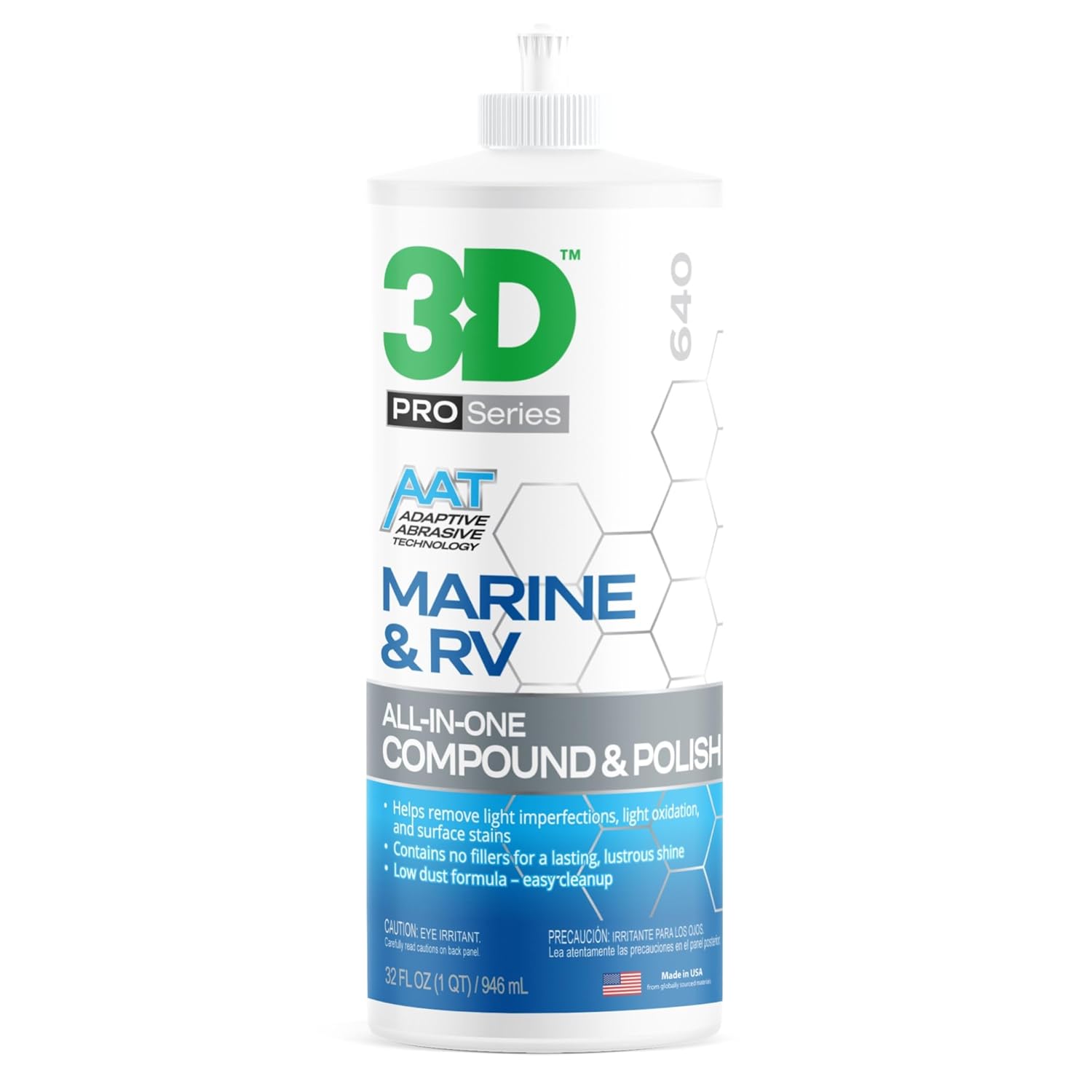 3D Marine & RV All-in-One Gel-Coat Compound & Polish – Removes Oxidation, Swirls, & P2000 Scratches, Deep Shine Wax Protection, No Fillers, 32oz